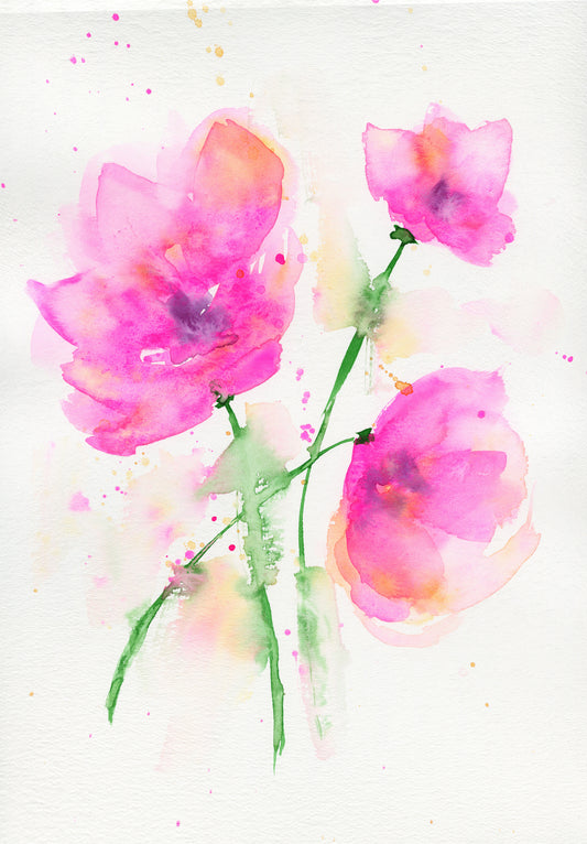 Watercolor painting of pink flowers on a white background