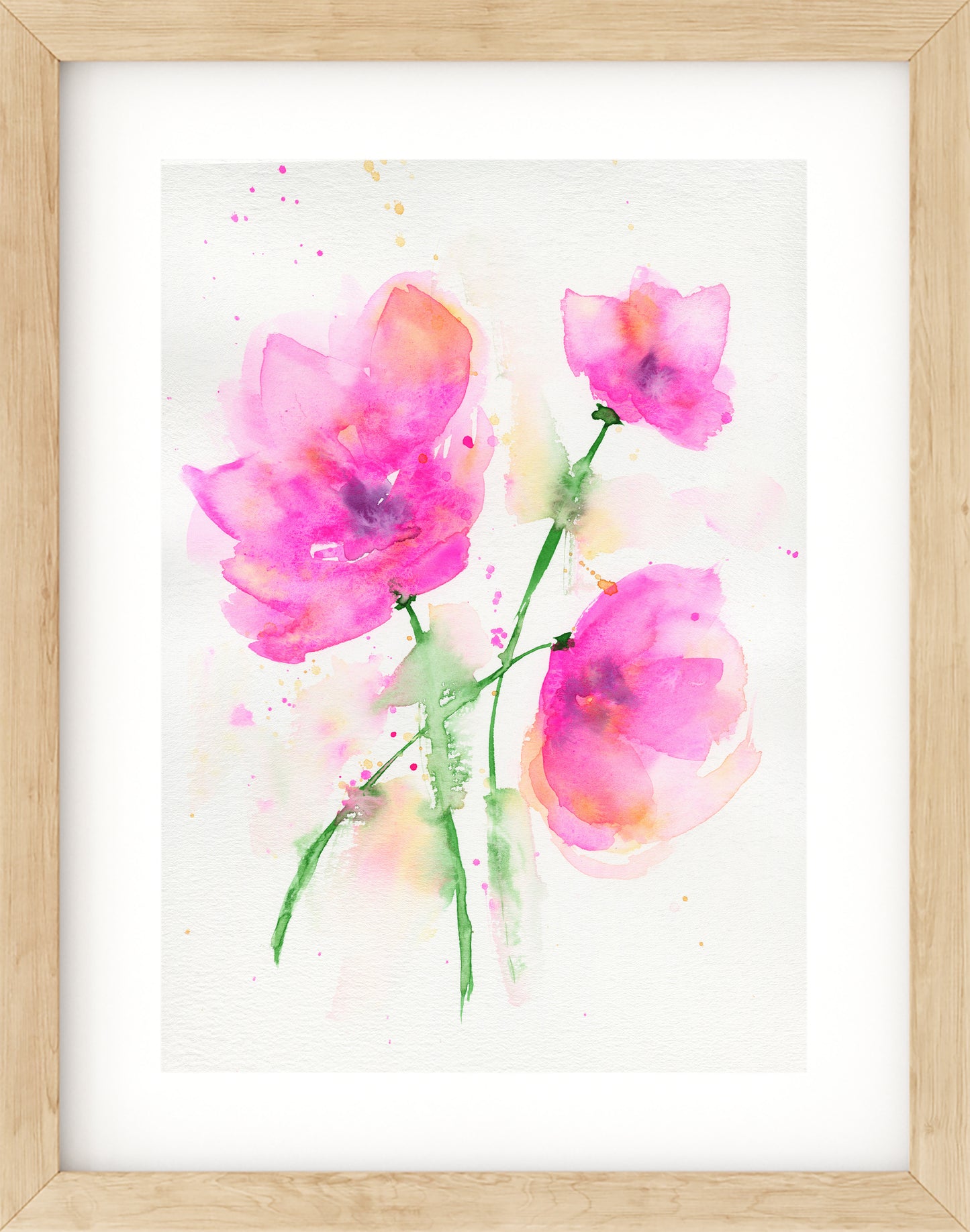 Framed watercolor painting of pink flowers on a white background