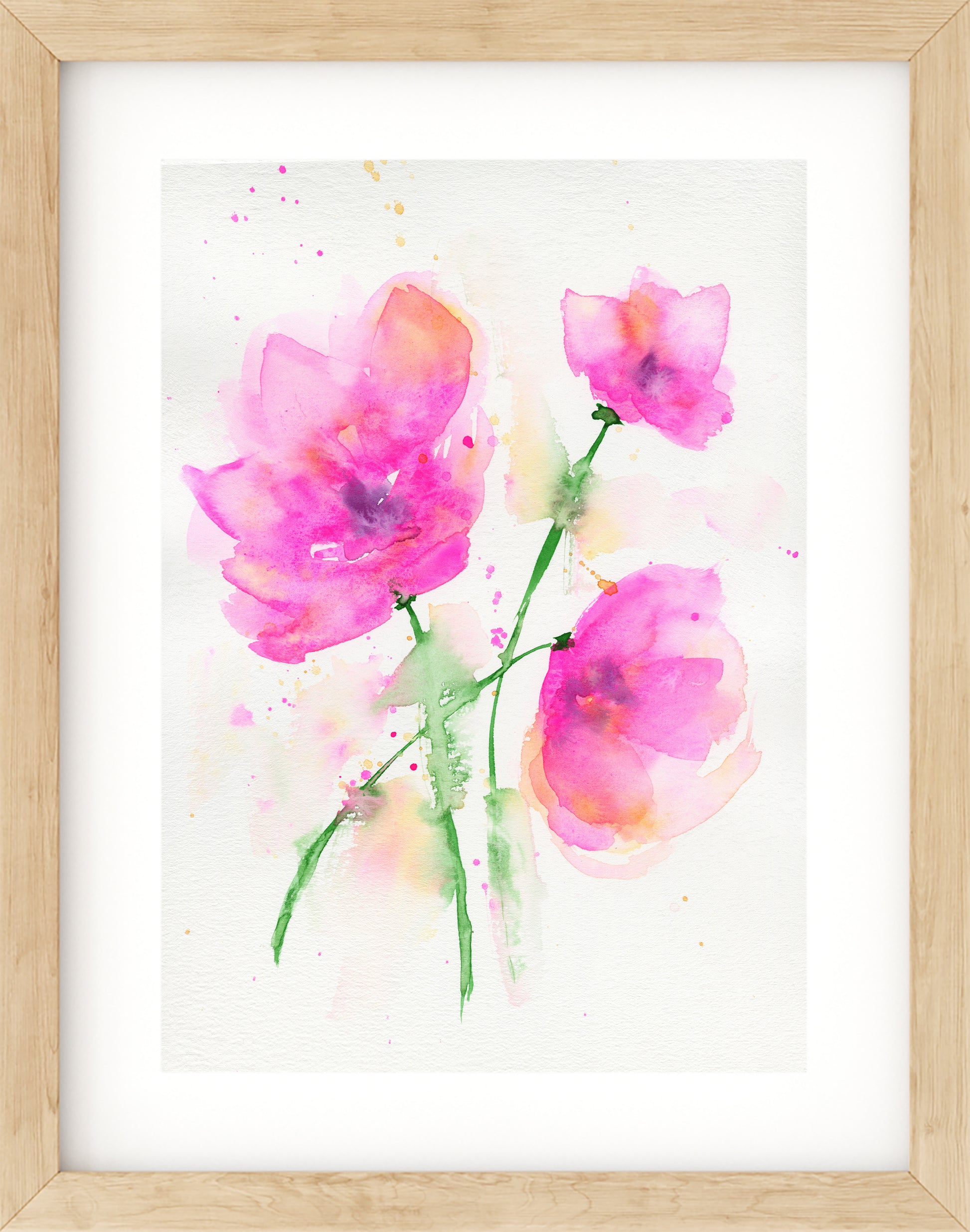 Framed watercolor painting of pink flowers on a white background
