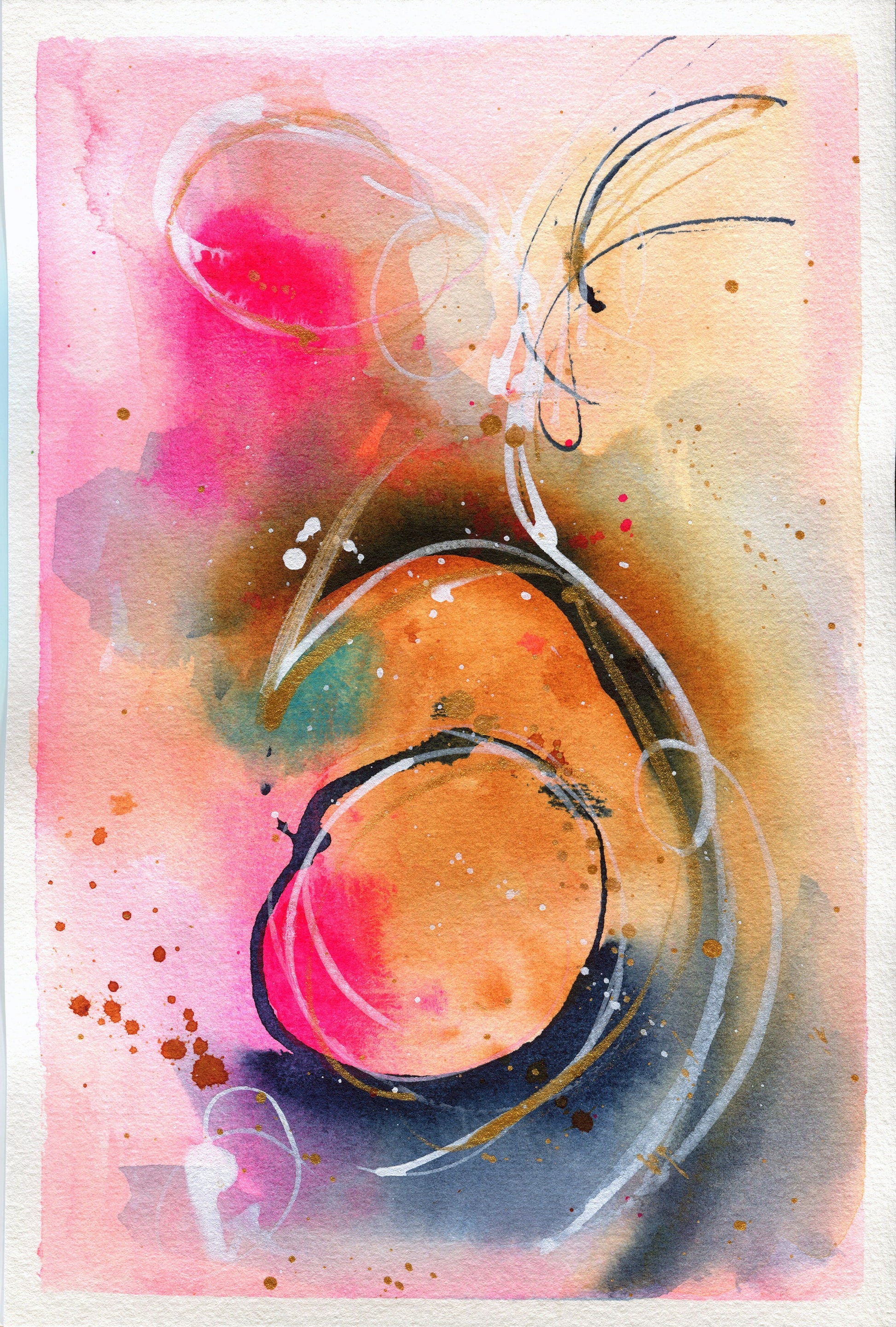 Abstract watercolor painting 6x9, hand painted abstract circle watercolor original artwork, indigo yellow and pink small wall art - Carved Effects