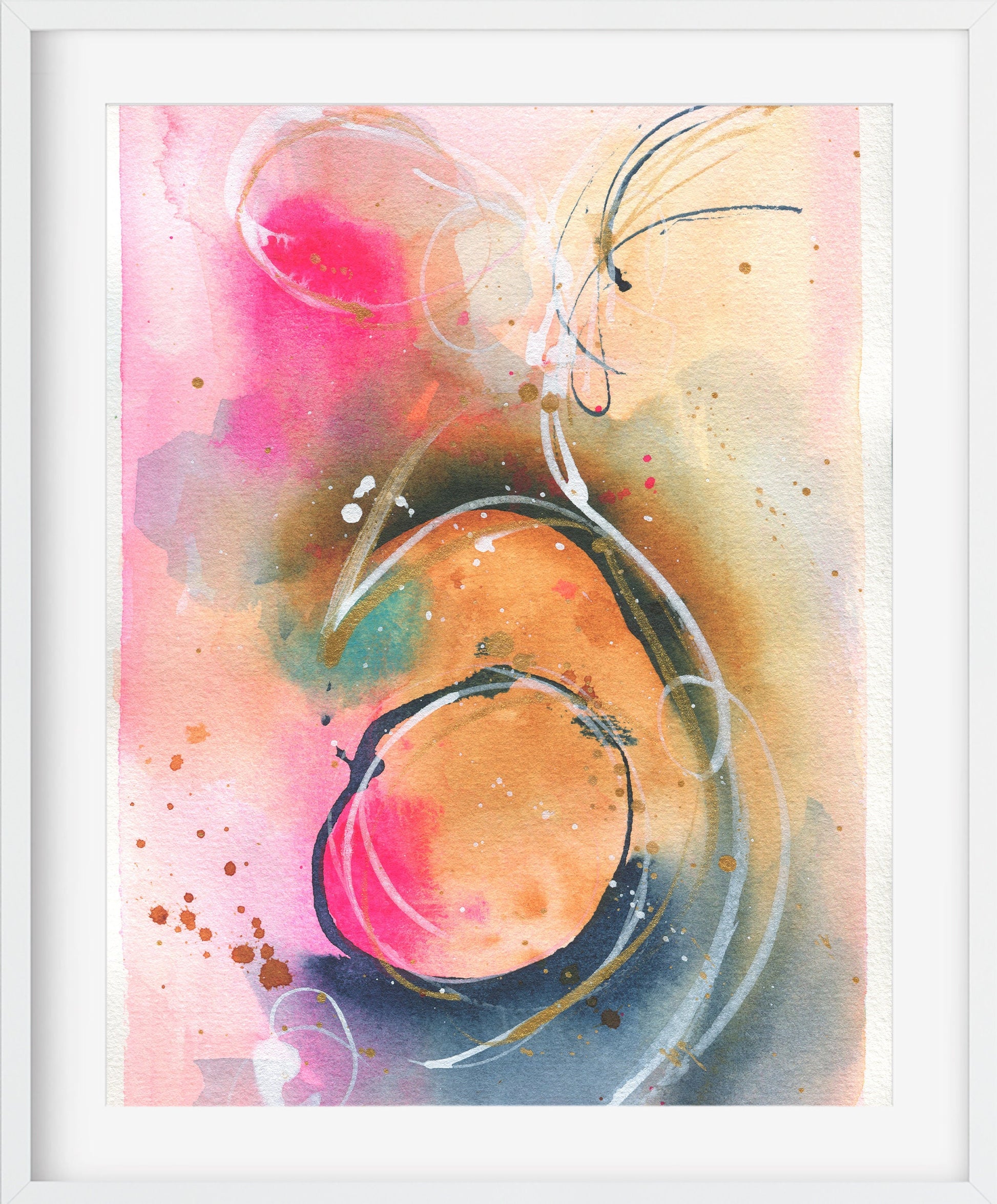 Abstract watercolor painting 6x9, hand painted abstract circle watercolor original artwork, indigo yellow and pink small wall art - Carved Effects