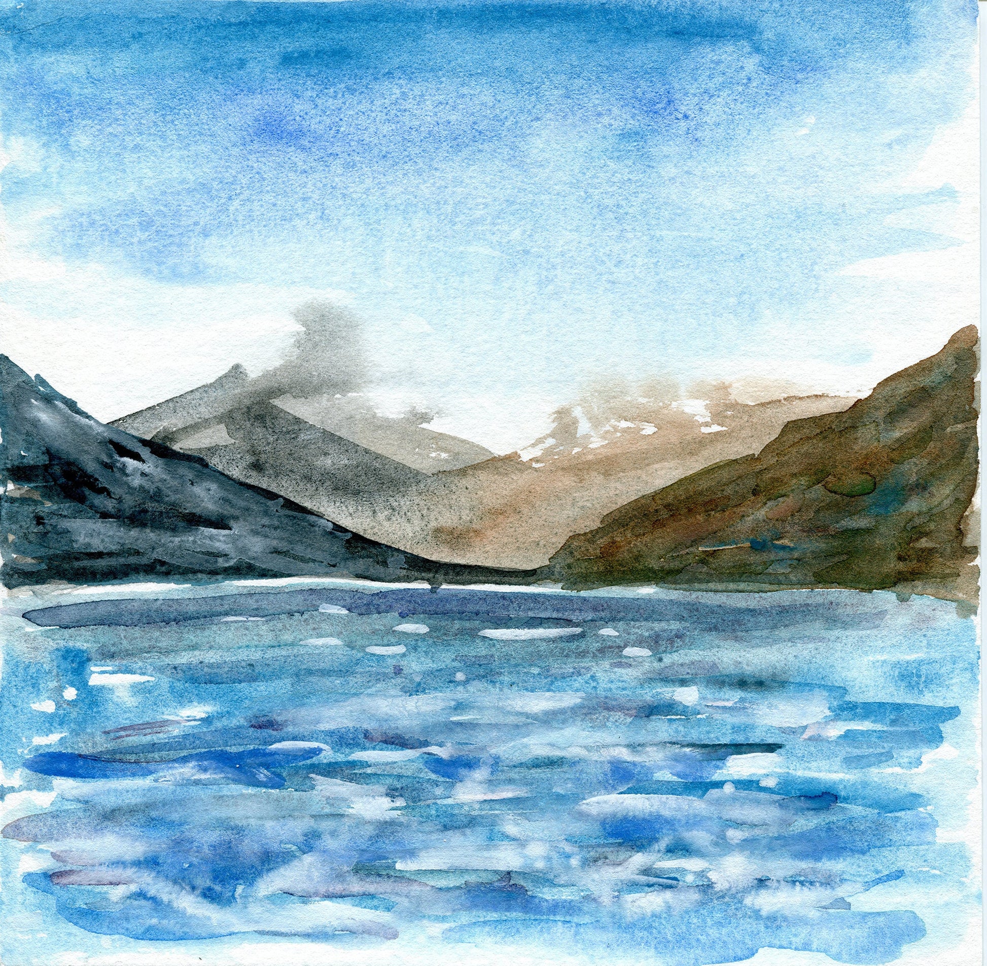 Abstract lake and mountain landscape hand painted watercolor painting on paper 8x8, impressionism landscape wall art, original artwork - Carved Effects