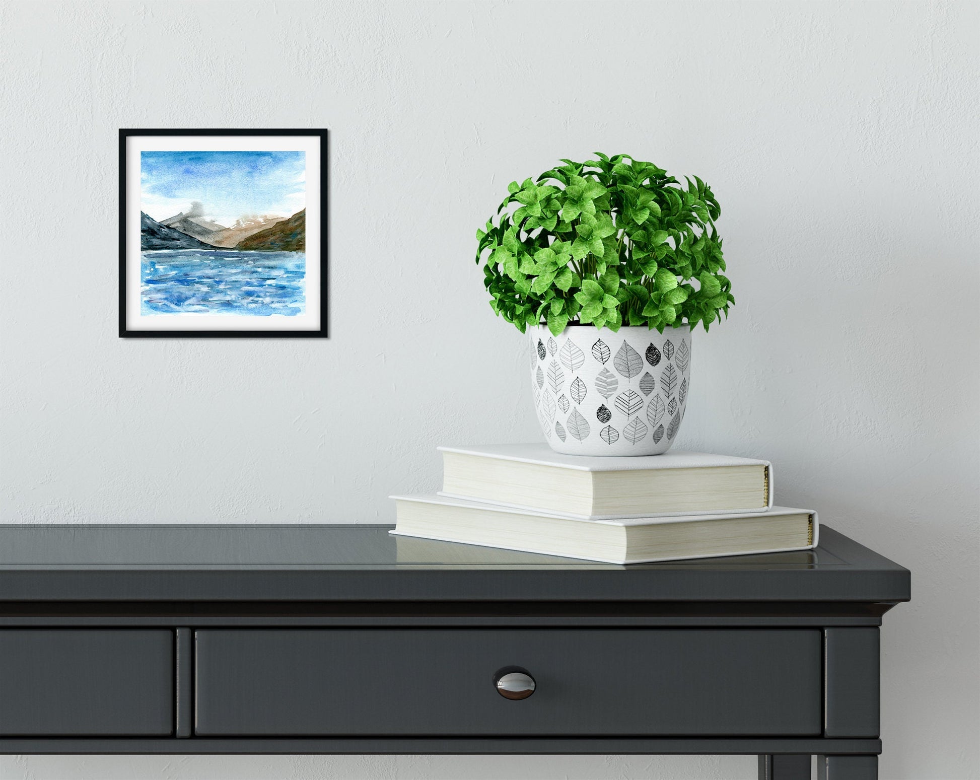 Abstract lake and mountain landscape hand painted watercolor painting on paper 8x8, impressionism landscape wall art, original artwork - Carved Effects