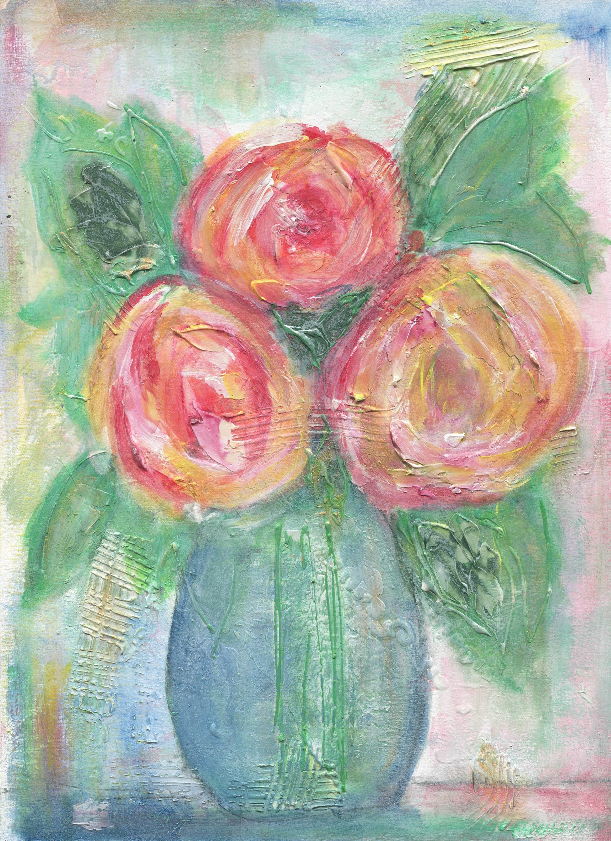 Abstract mixed media flowers in vase painting 9x12, hand painted original artwork on canvas board - Carved Effects
