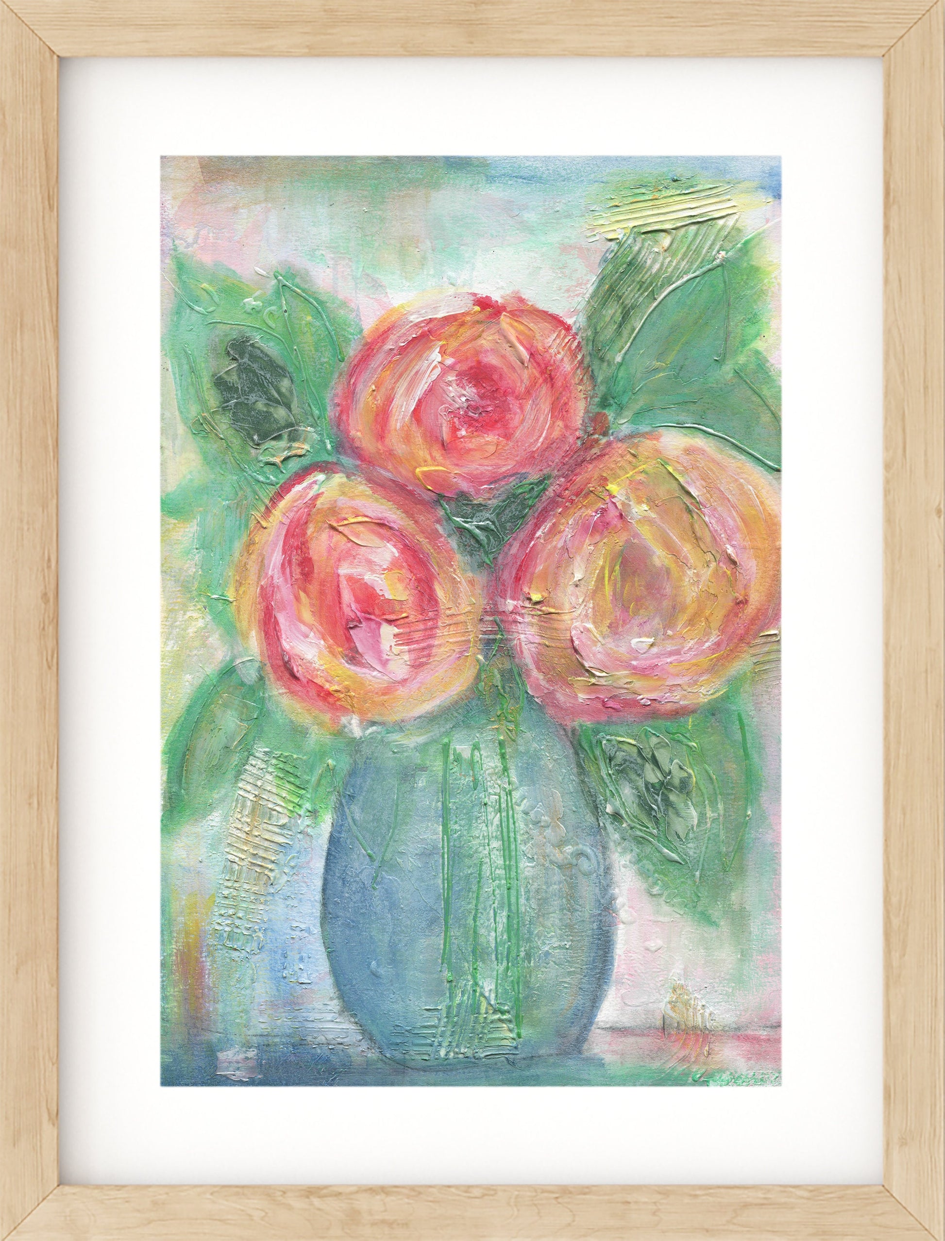 Abstract mixed media flowers in vase painting 9x12, hand painted original artwork on canvas board - Carved Effects