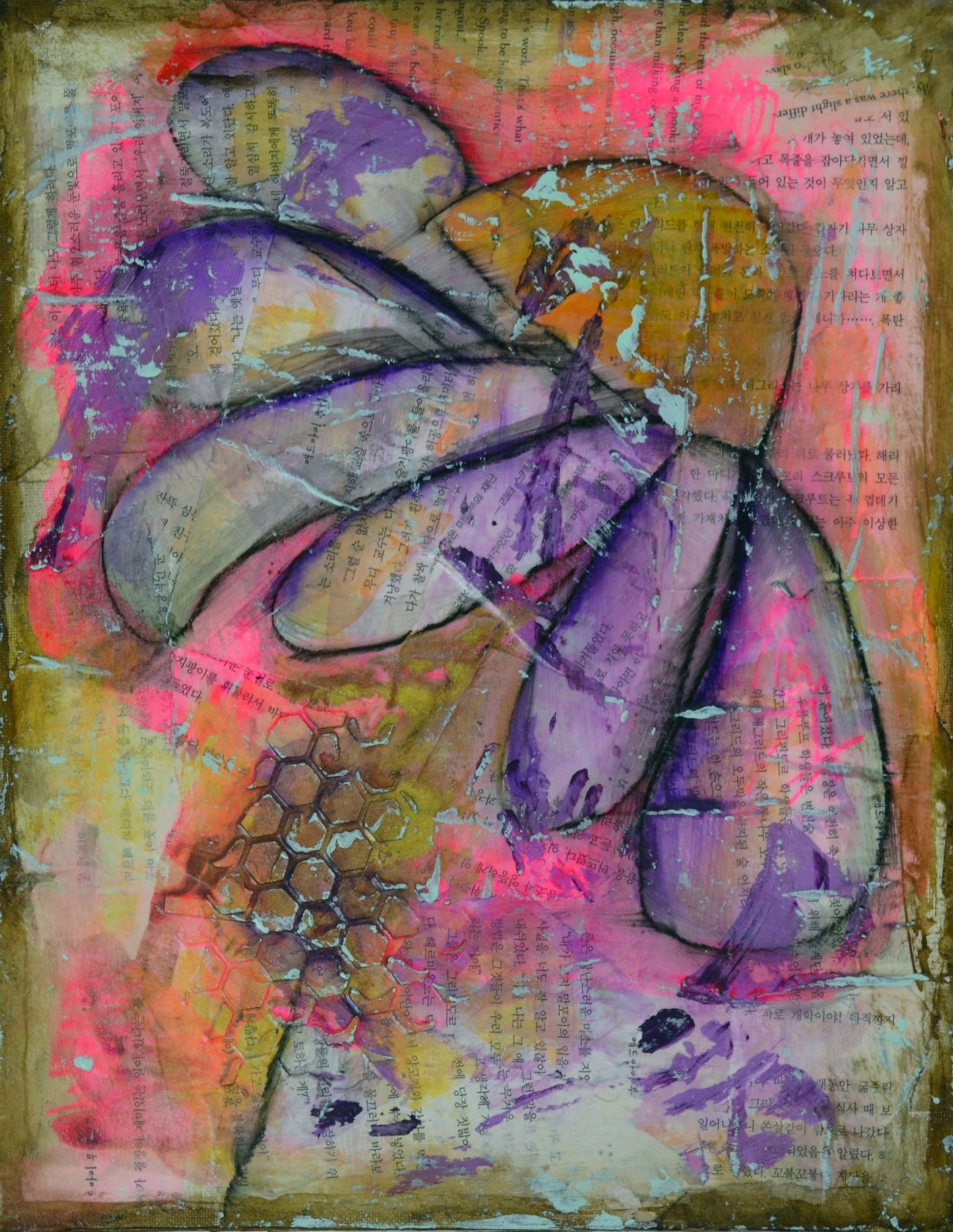 Abstract flower garden hand painted mixed media painting on canvas panel 11x14, original purple art acrylic and watercolor painting - Carved Effects