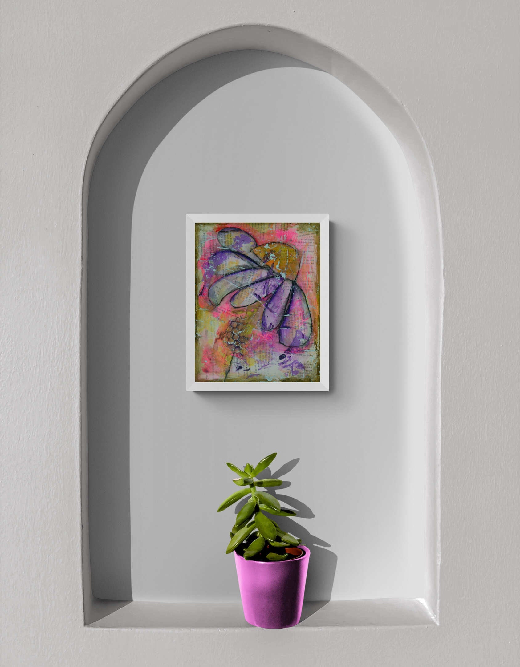 Abstract flower garden hand painted mixed media painting on canvas panel 11x14, original purple art acrylic and watercolor painting - Carved Effects