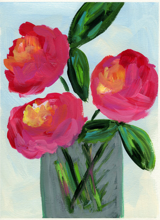 Painting of three pink flowers with green leaves on a light blue background