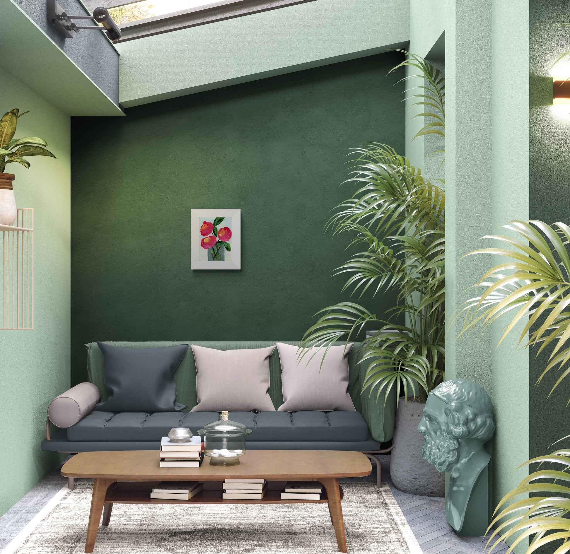 Modern living room with green walls, gray sofa, wooden coffee table, and decorative elements.