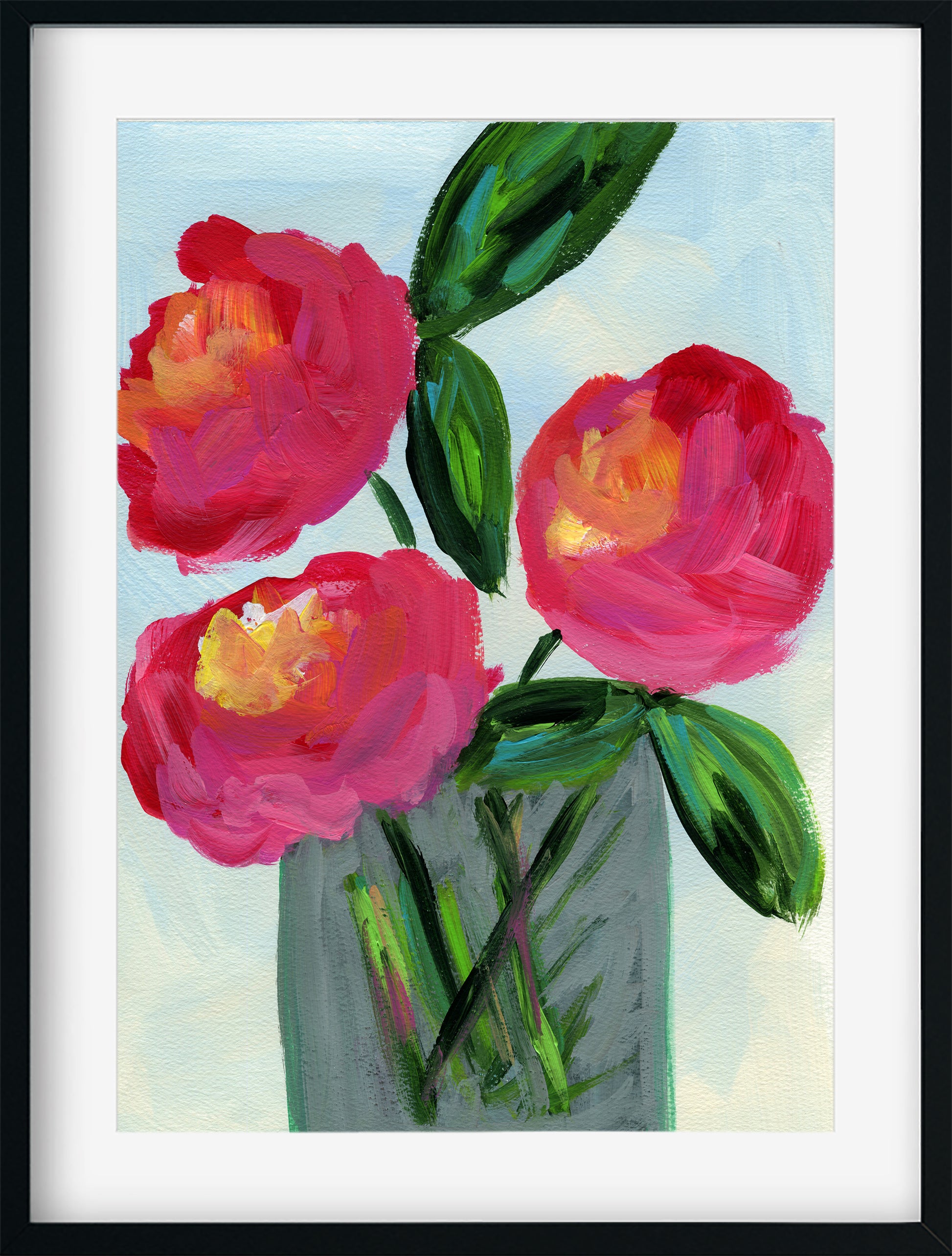 Painting of pink flowers with green leaves on a light blue background