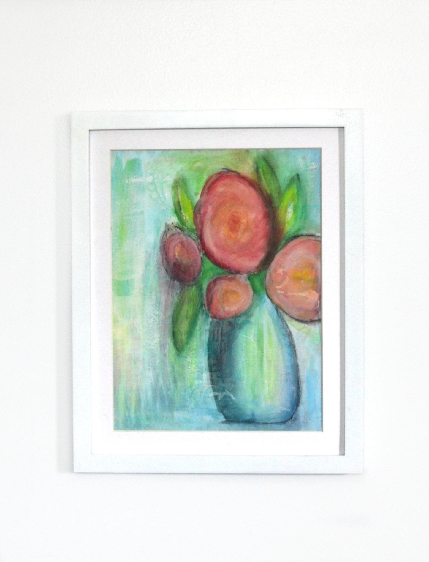 Abstract flowers in a vase painting on a canvas board 9x12, hand painted watercolor mixed media flowers, red flower wall decor - Carved Effects