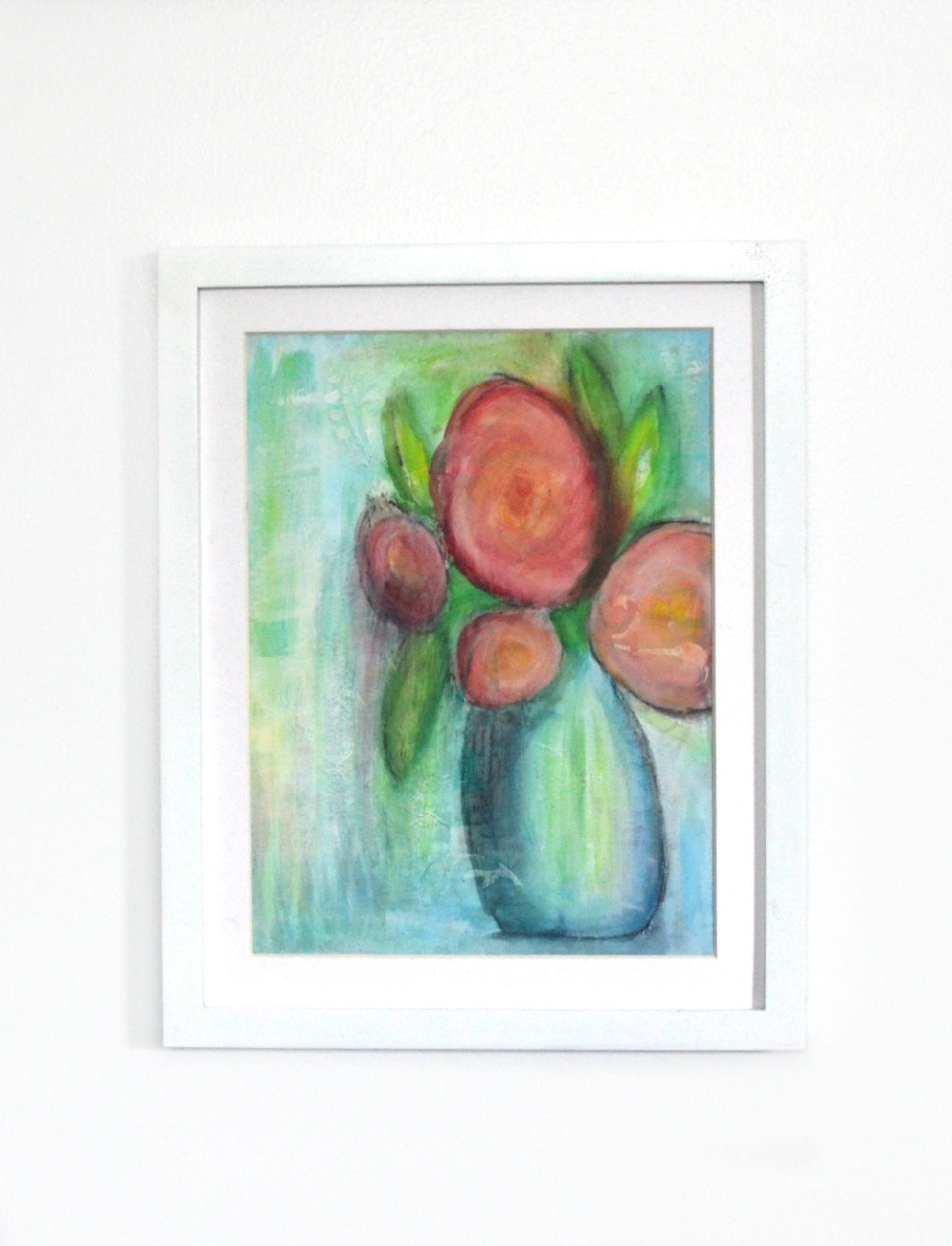 Abstract flowers in a vase painting on a canvas board 9x12, hand painted watercolor mixed media flowers, red flower wall decor - Carved Effects