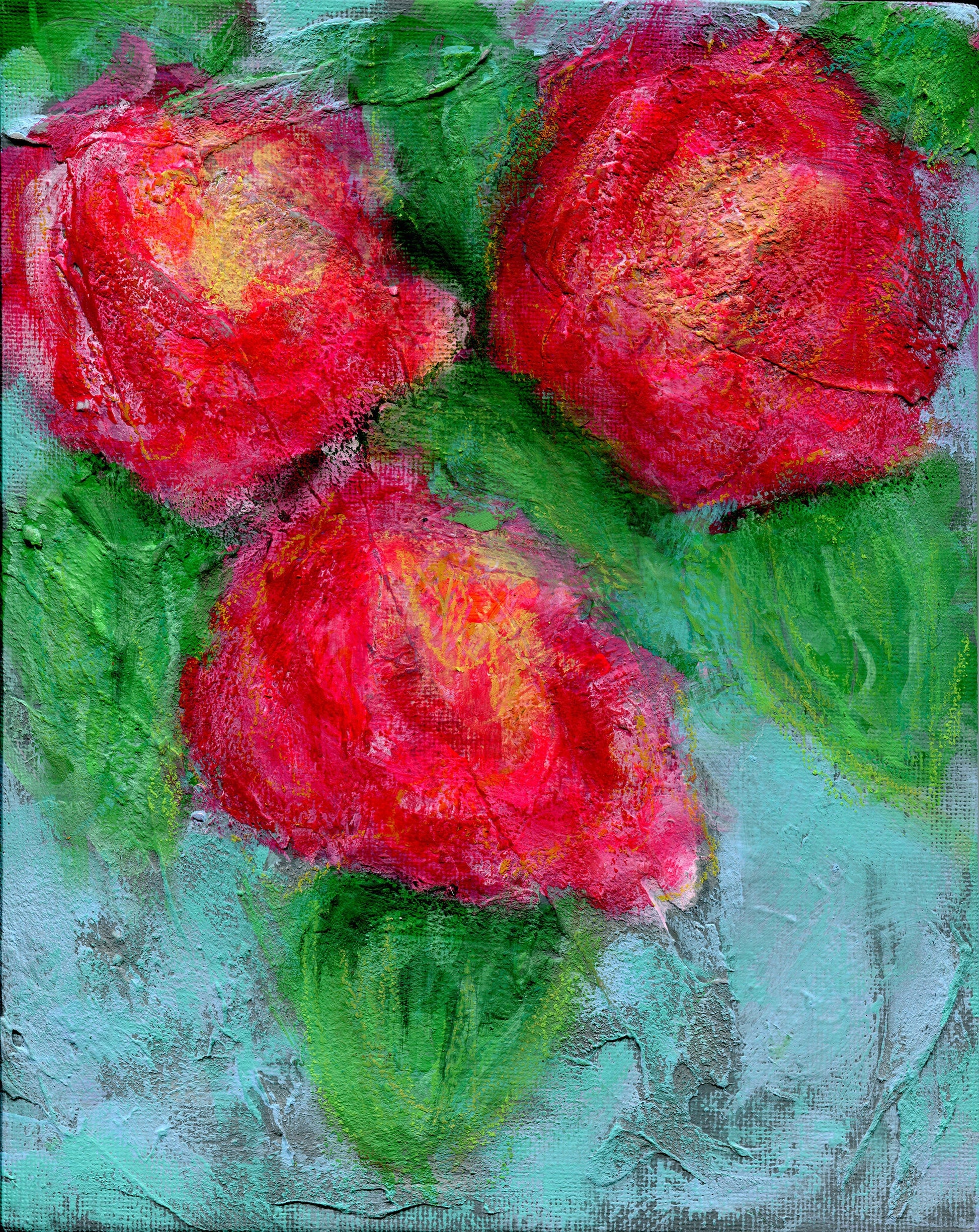 Abstract hand painted red flowers painting on canvas board 8x10, original acrylic bright floral decor, floral home decor wall art - Carved Effects