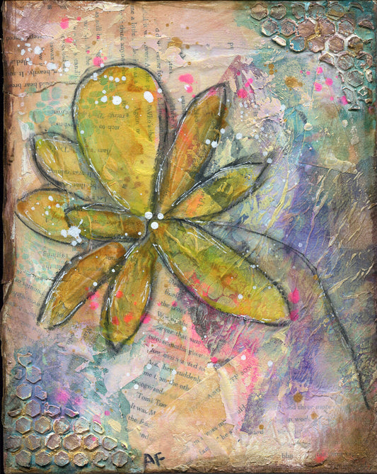 Abstract yellow flower mixed media painting 8x10 - carved effects