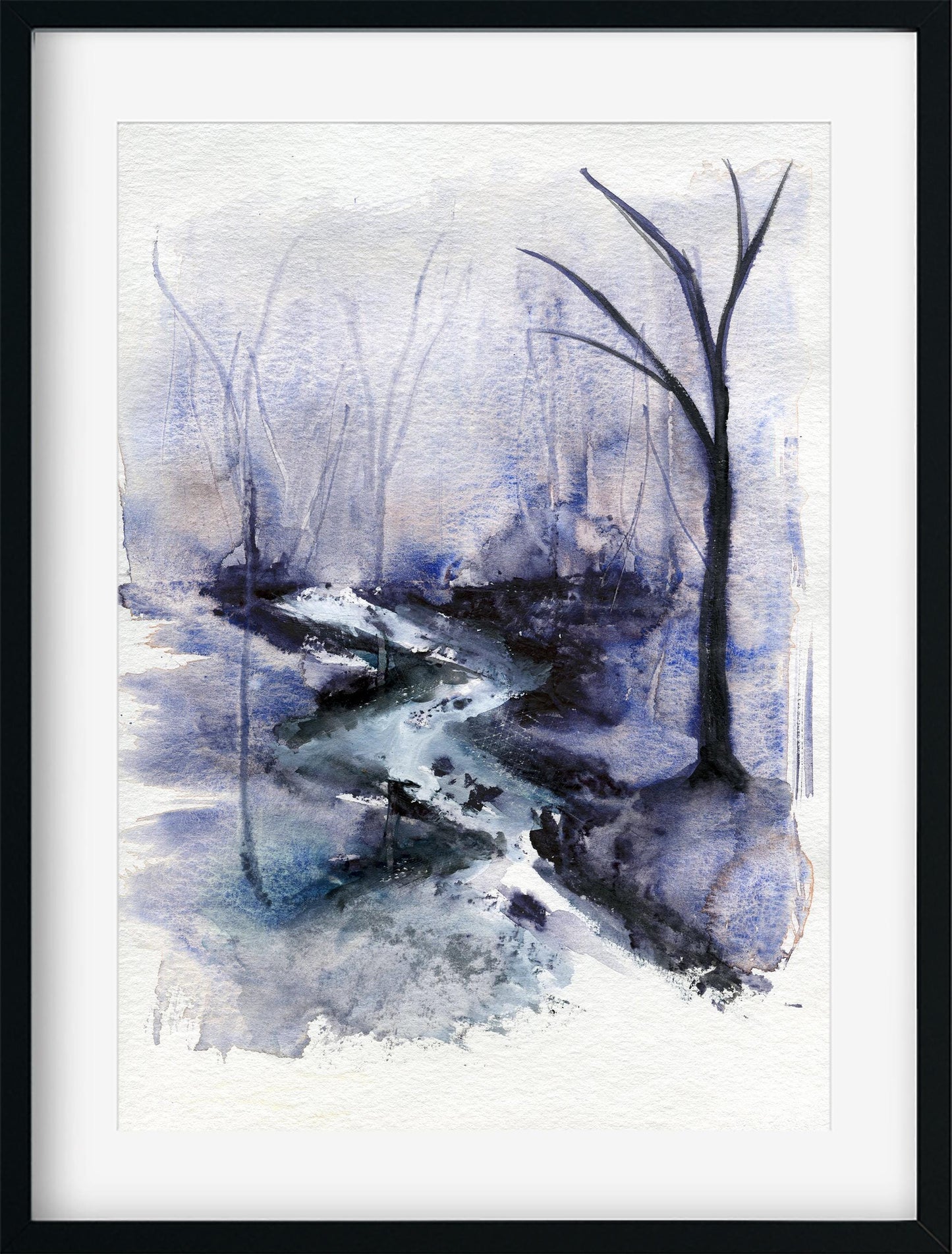 Atmospheric forest and creek original watercolor landscape painting, 9x12 hand painted on paper, whimsical landscape wall art