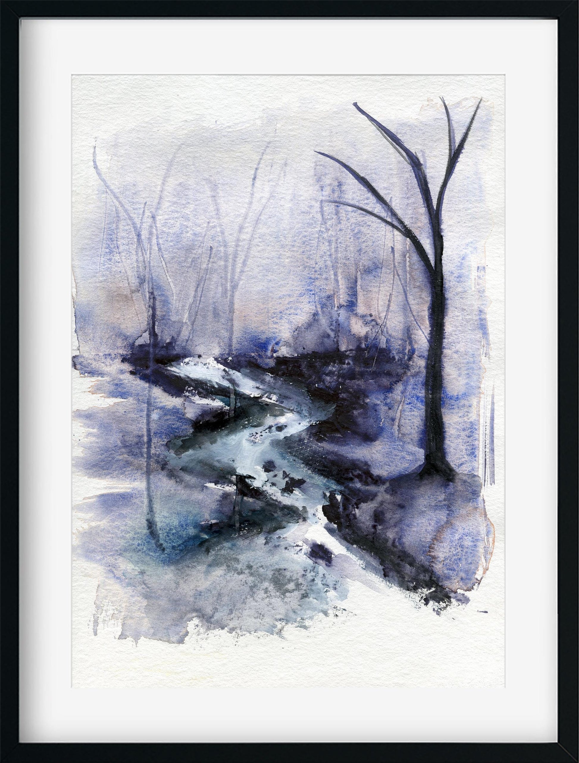 Atmospheric forest and creek original watercolor landscape painting, 9x12 hand painted on paper, whimsical landscape wall art