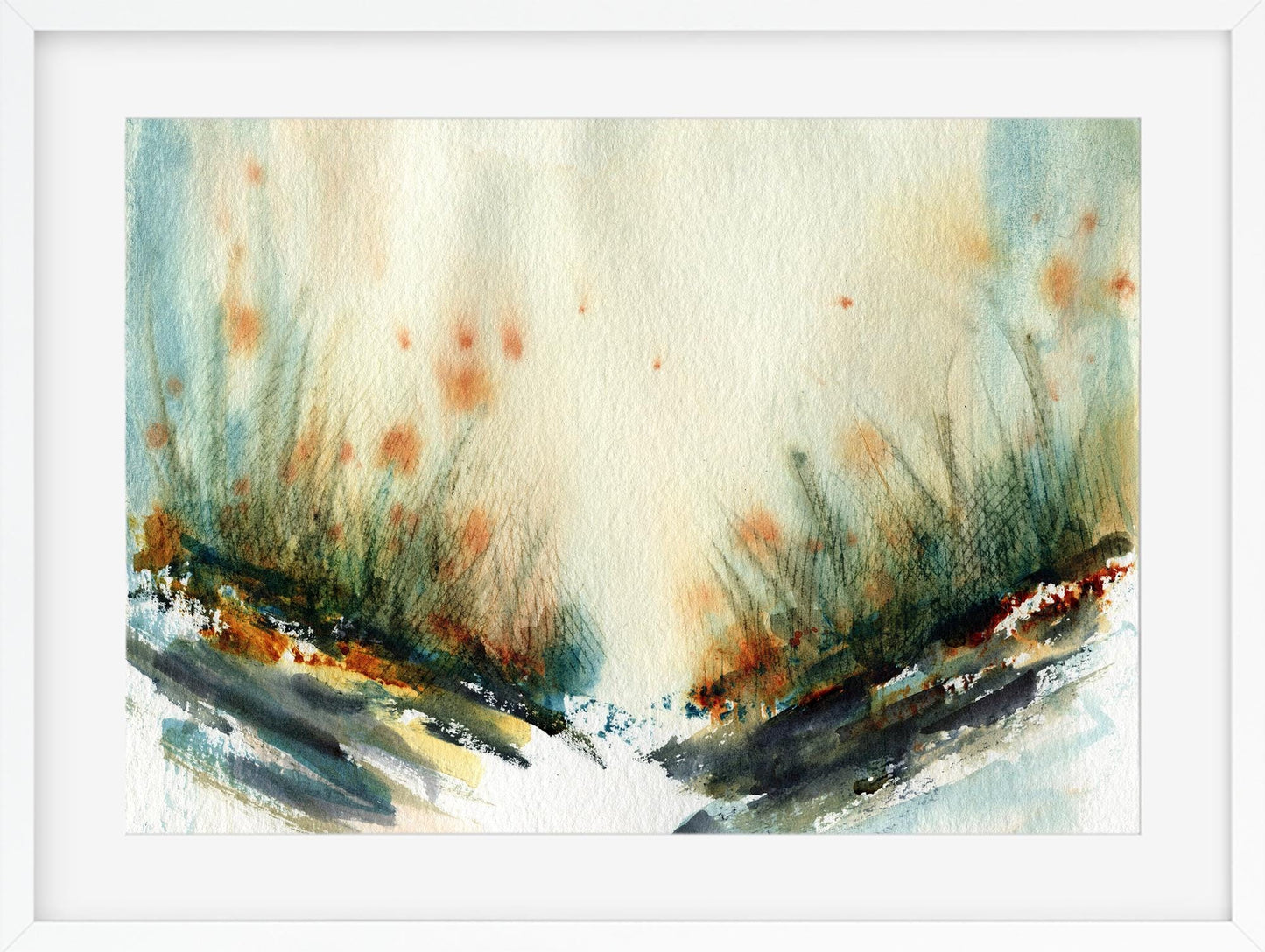 Atmospheric grassy landscape watercolor painting, original landscape wall art ready to frame