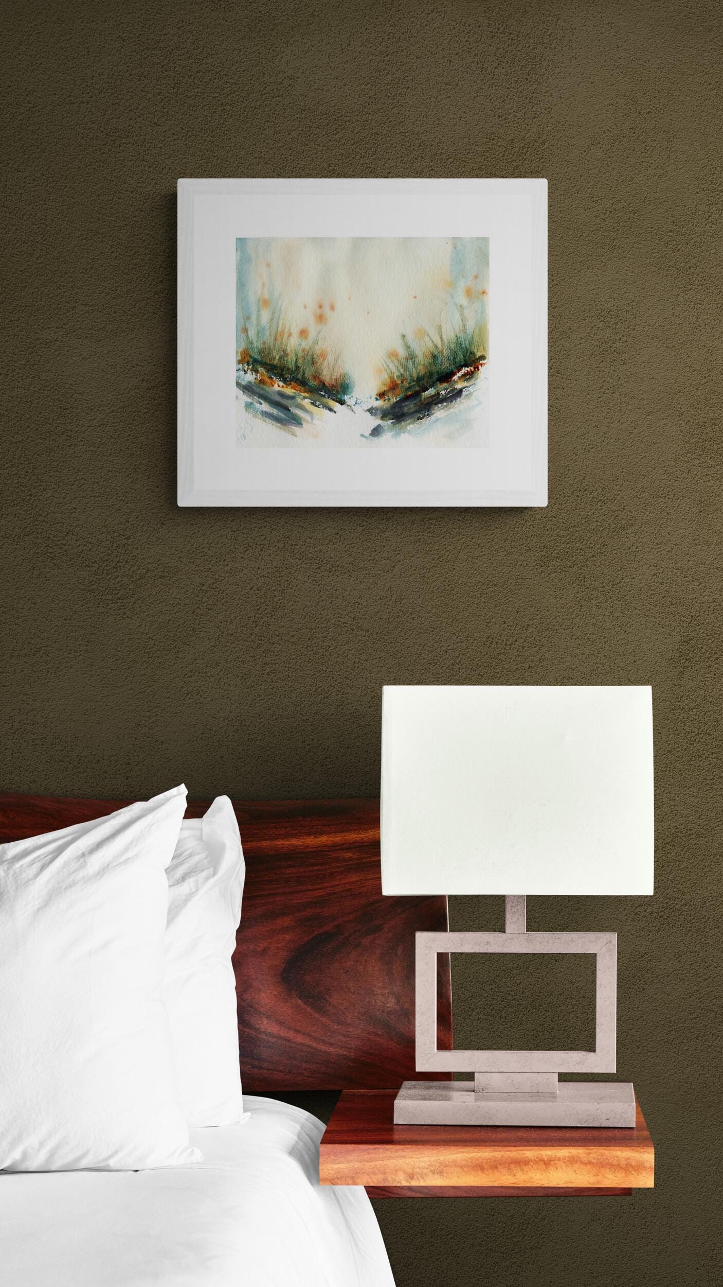 Atmospheric grassy landscape watercolor painting, original landscape wall art ready to frame