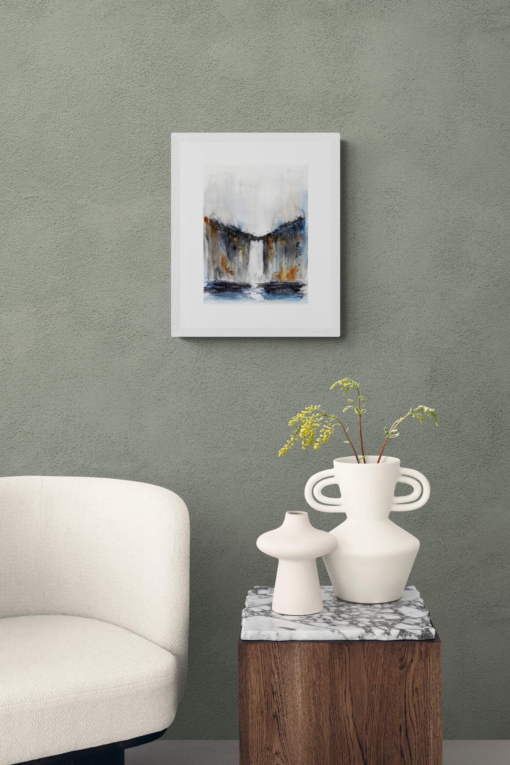 Atmospheric waterfall original watercolor landscape painting, 9x12 hand painted on paper, ready to frame, whimsical landscape wall art
