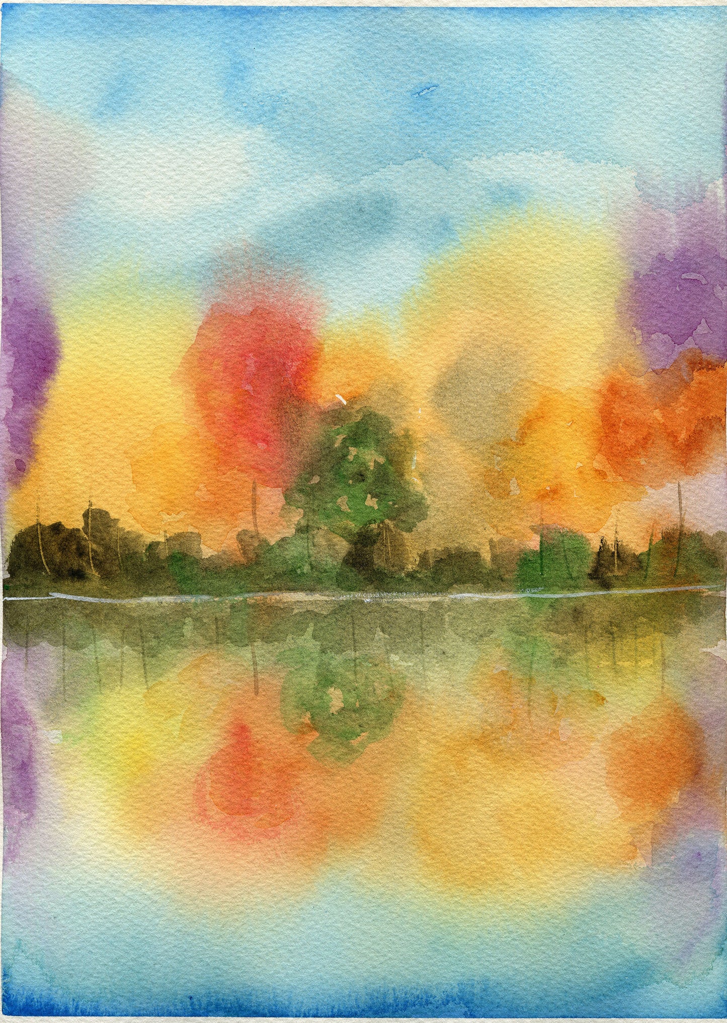 Colorful landscape with trees reflected in water, watercolor style