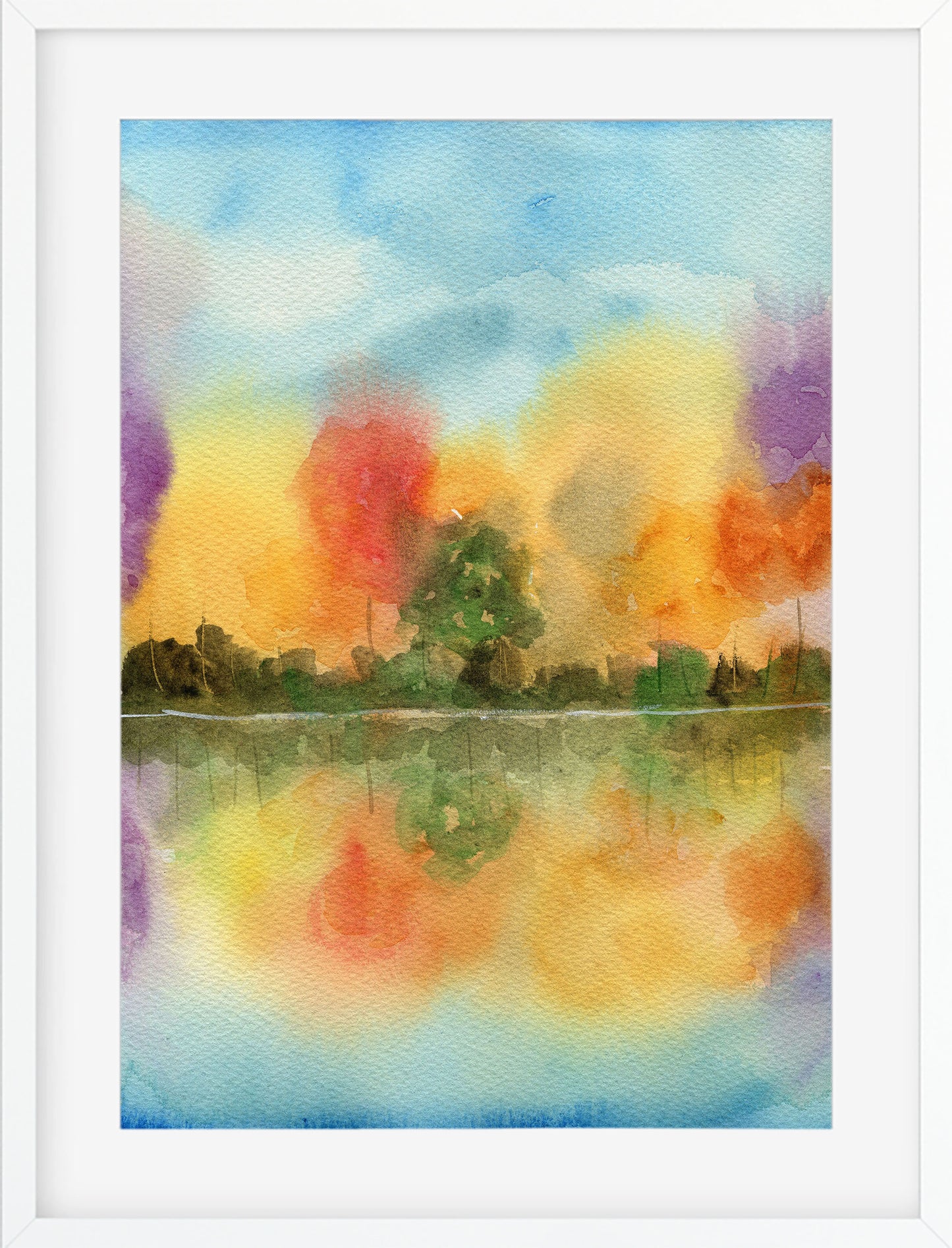 Colorful watercolor painting of a landscape with trees and a lake.