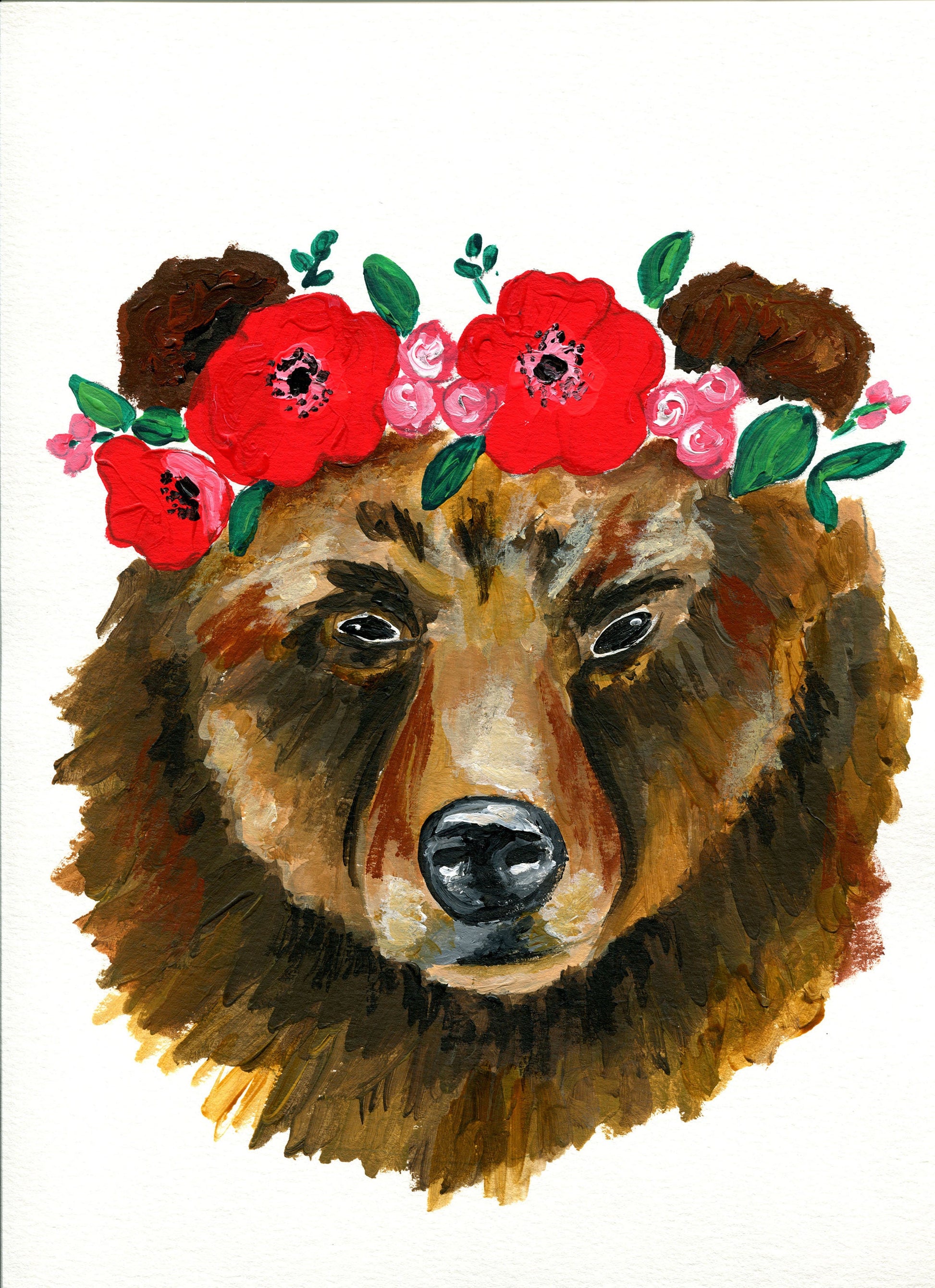 Bear with a flower crown acrylic painting on watercolor paper 9x12, hand painted not a print, original wall art - Carved Effects