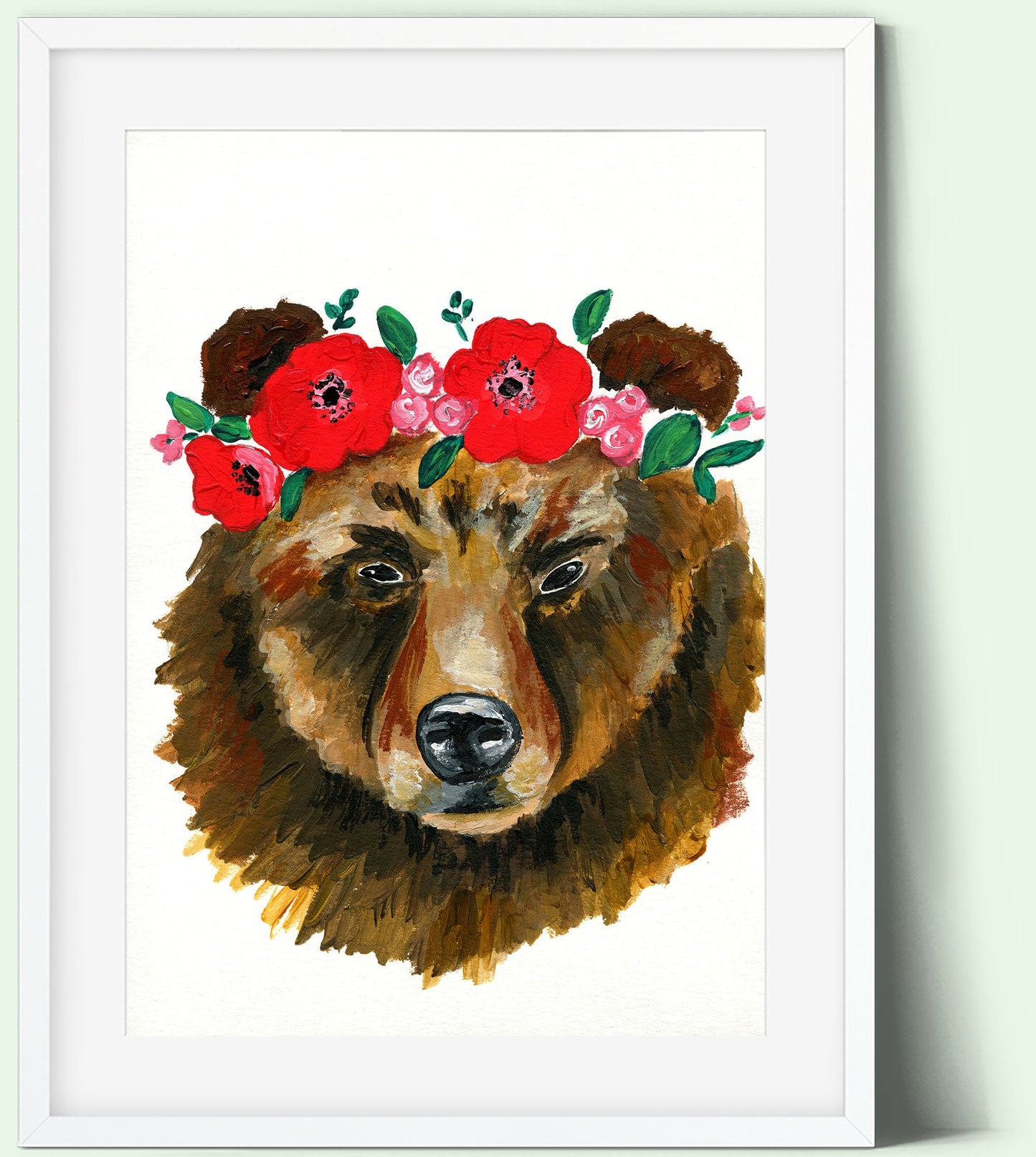 Bear with a flower crown acrylic painting on watercolor paper 9x12, hand painted not a print, original wall art - Carved Effects