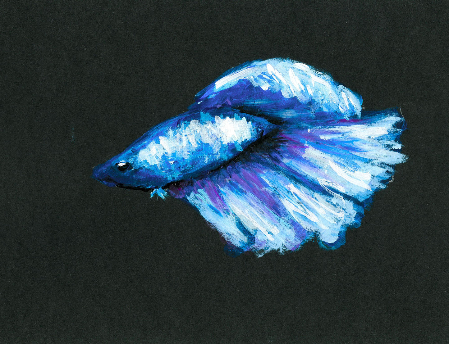 Betta fish, blue purple and white acrylic painting on black paper, small fish wall art, Siamese fighting fish painting, original artwork - Carved Effects