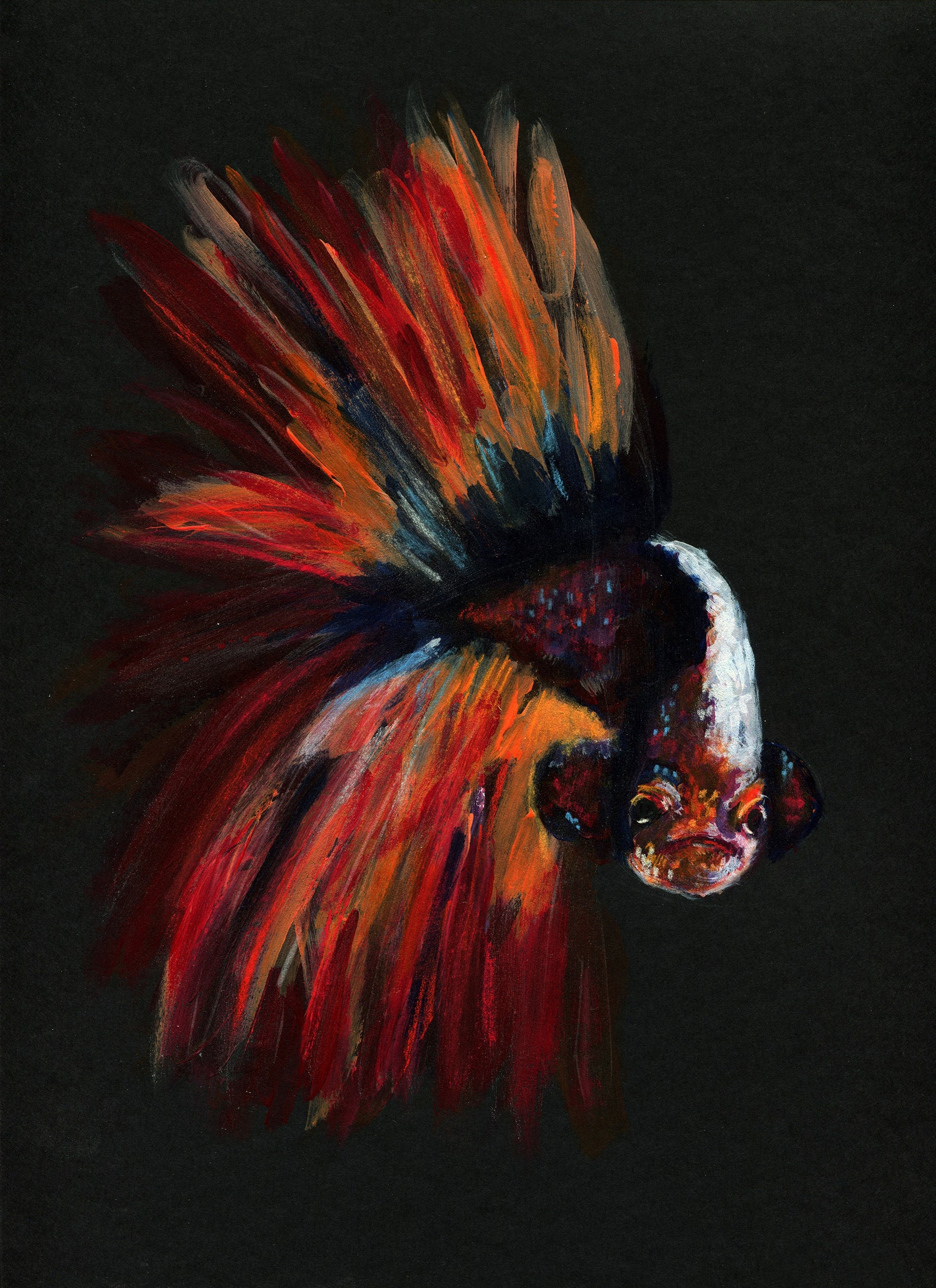 Betta fish, multicolored acrylic painting on black paper 9x12, hand painted wall art, Siamese fighting fish painting, original artwork - Carved Effects