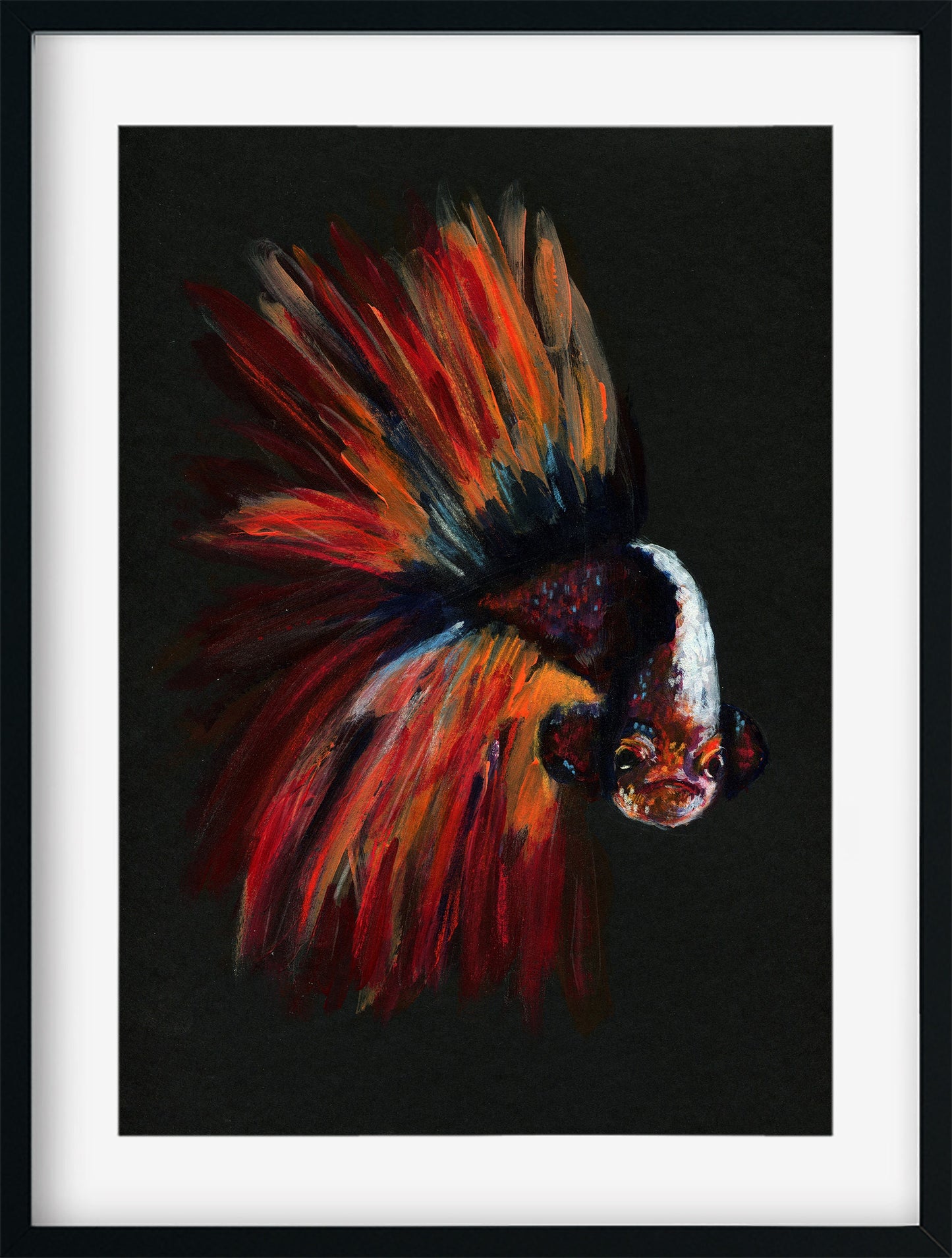 Betta fish, multicolored acrylic painting on black paper 9x12, hand painted wall art, Siamese fighting fish painting, original artwork - Carved Effects