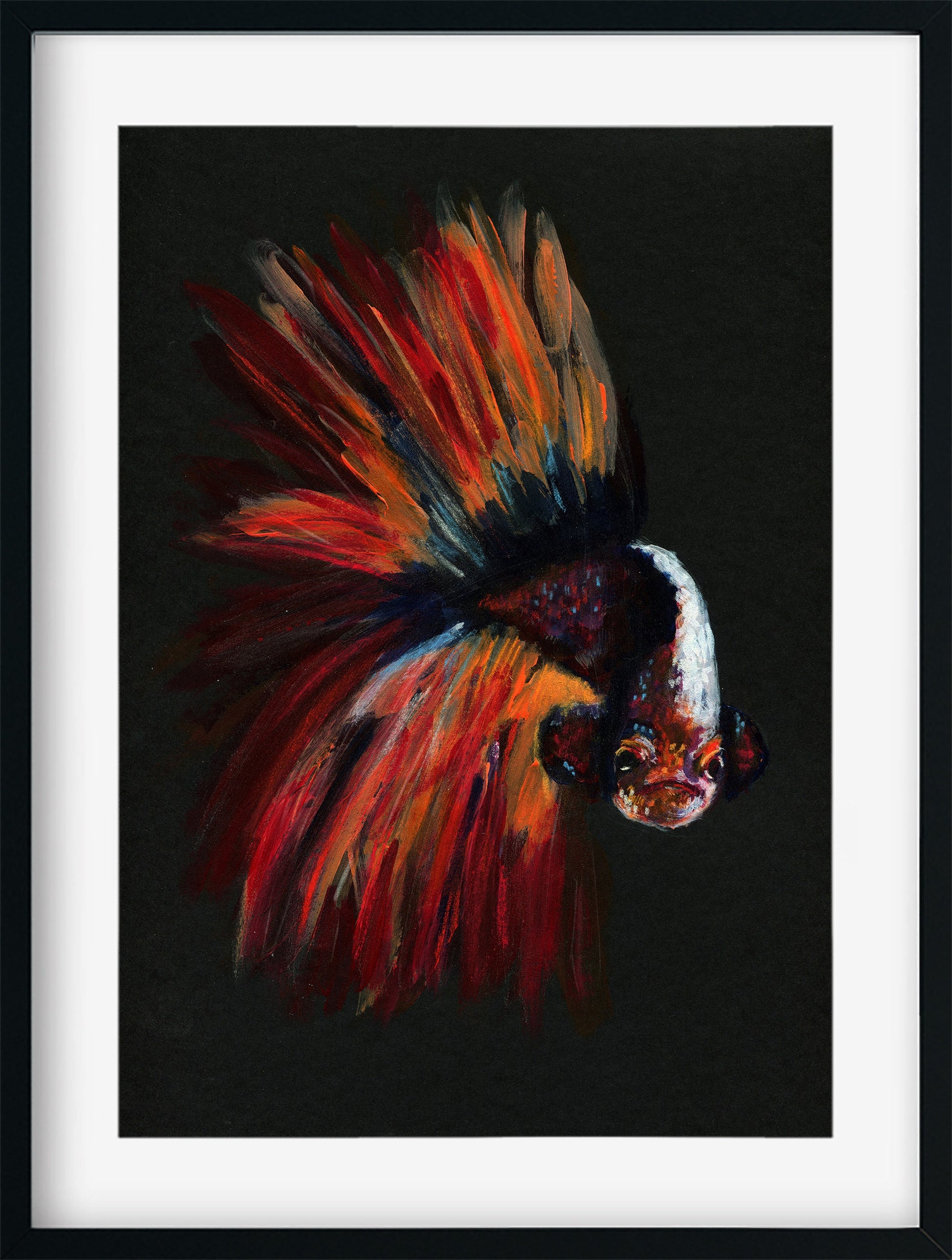 Betta fish, multicolored acrylic painting on black paper 9x12, hand painted wall art, Siamese fighting fish painting, original artwork - Carved Effects