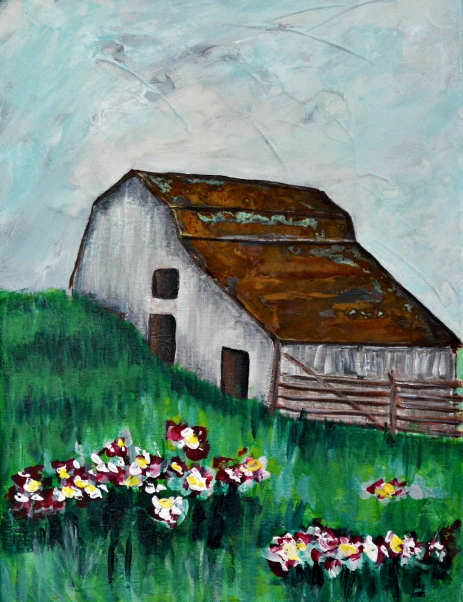 Big white barn with flower farm field painting on canvas
