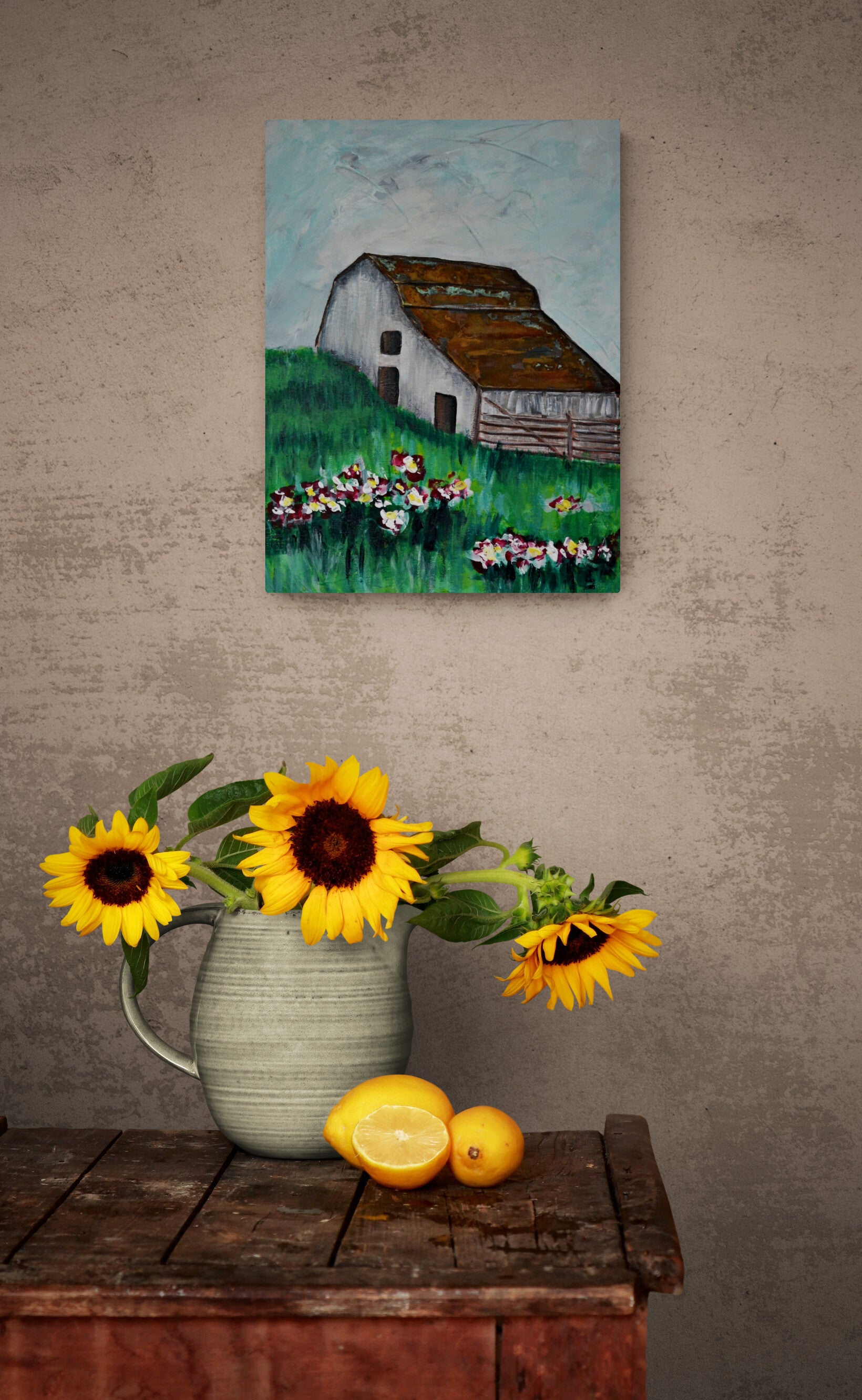 Big white barn with flower farm field painting on canvas