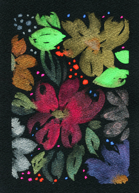 Original watercolor painting of neon and metallic flowers on black paper, depicted in a stylized and colorful manner, with green, pink, and red hues predominating.