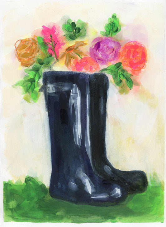 A watercolor painting of a black rain boot with blooming flowers, original artwork, without a frame.