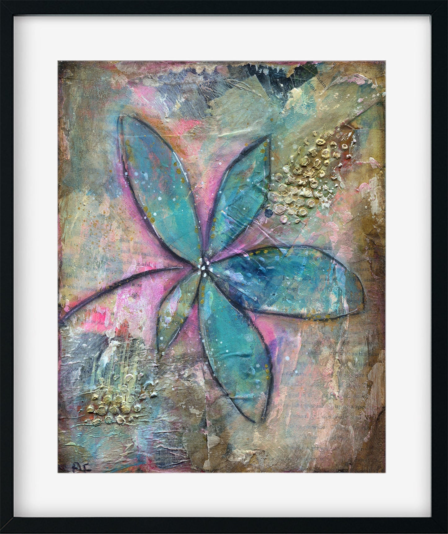 Blue abstract flower garden hand painted mixed media painting on canvas panel 8x10, original art acrylic and watercolor Painting - Carved Effects