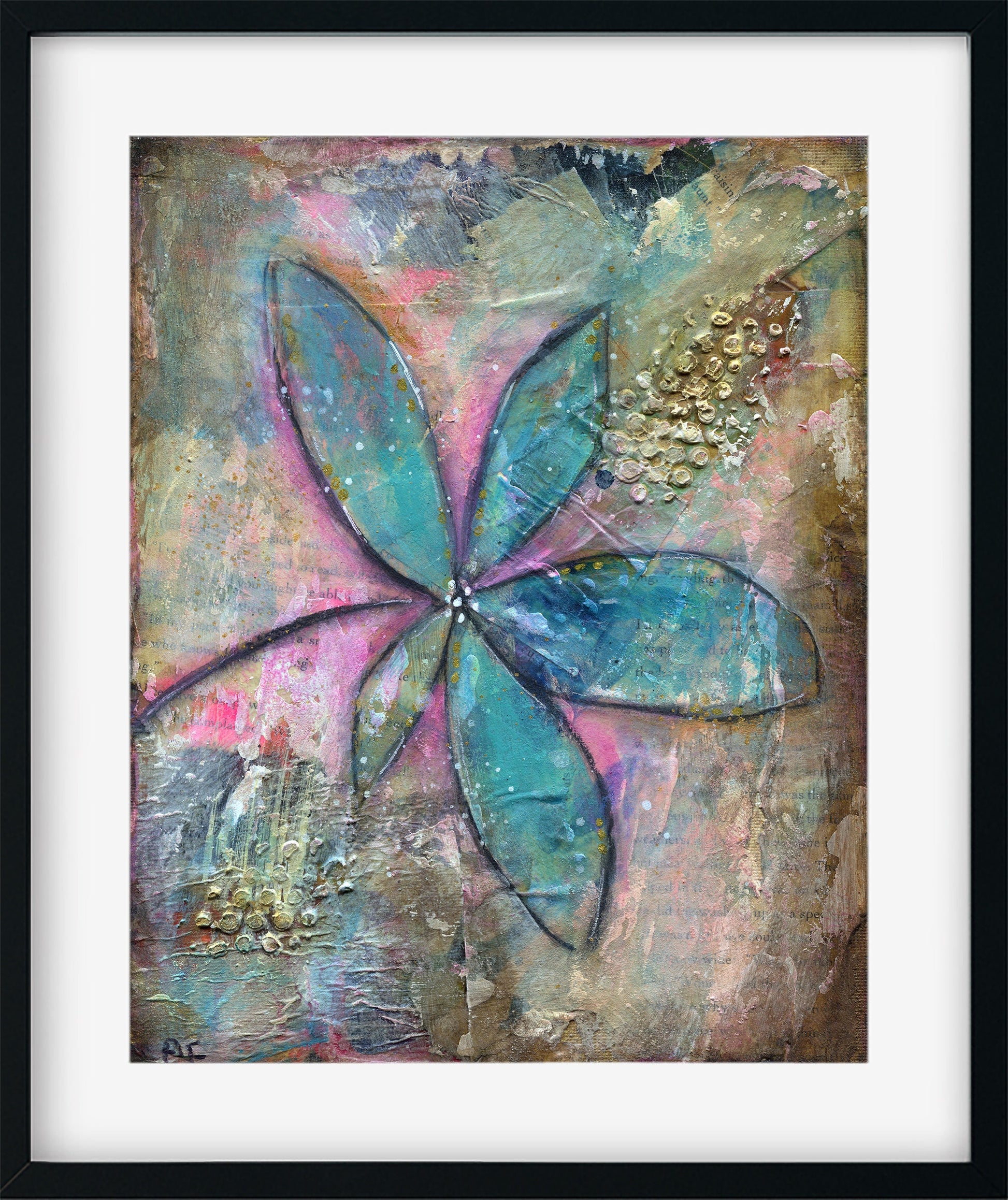 Blue abstract flower garden hand painted mixed media painting on canvas panel 8x10, original art acrylic and watercolor Painting - Carved Effects