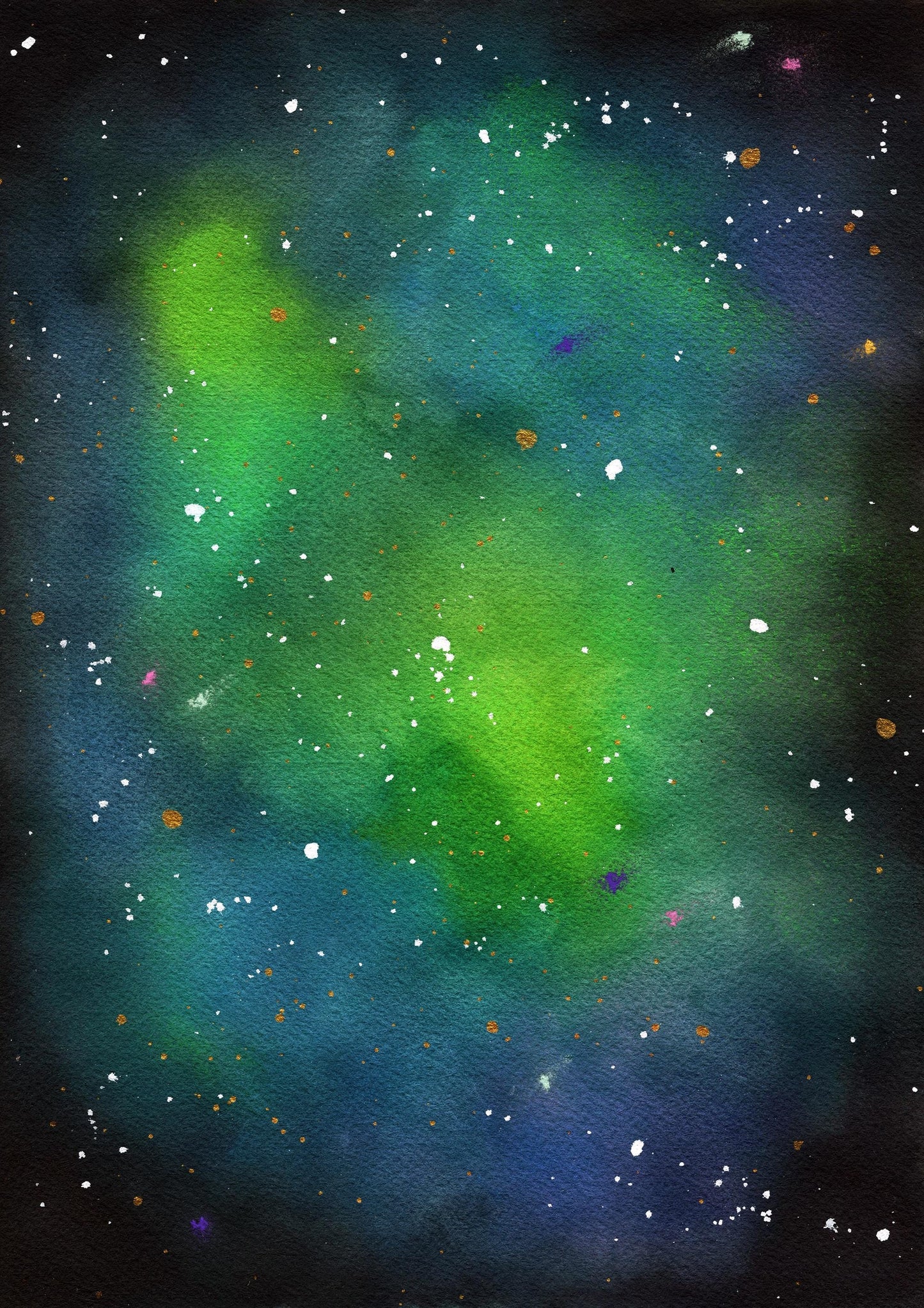 Green and blue galaxy watercolor painting 9x12, hand painted nebula original on paper, outer space wall art, celestial artwork