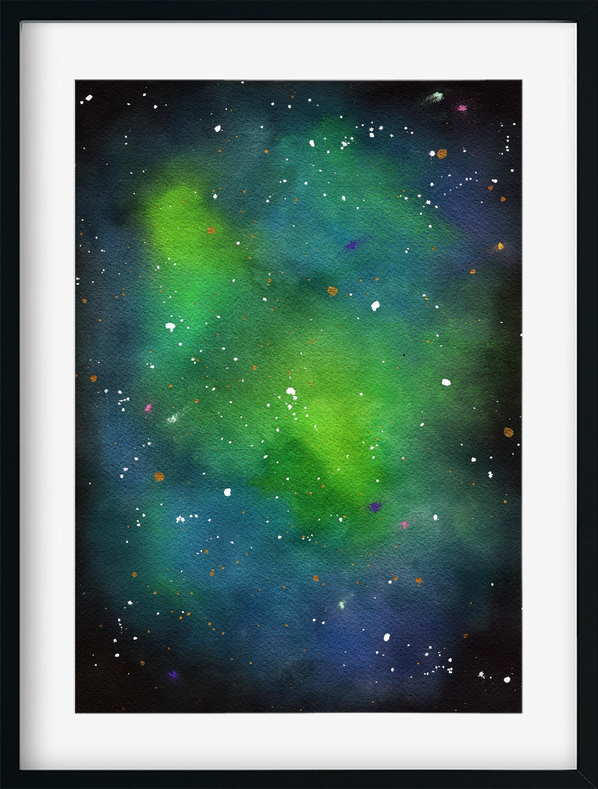 Green and blue galaxy watercolor painting 9x12, hand painted nebula original on paper, outer space wall art, celestial artwork