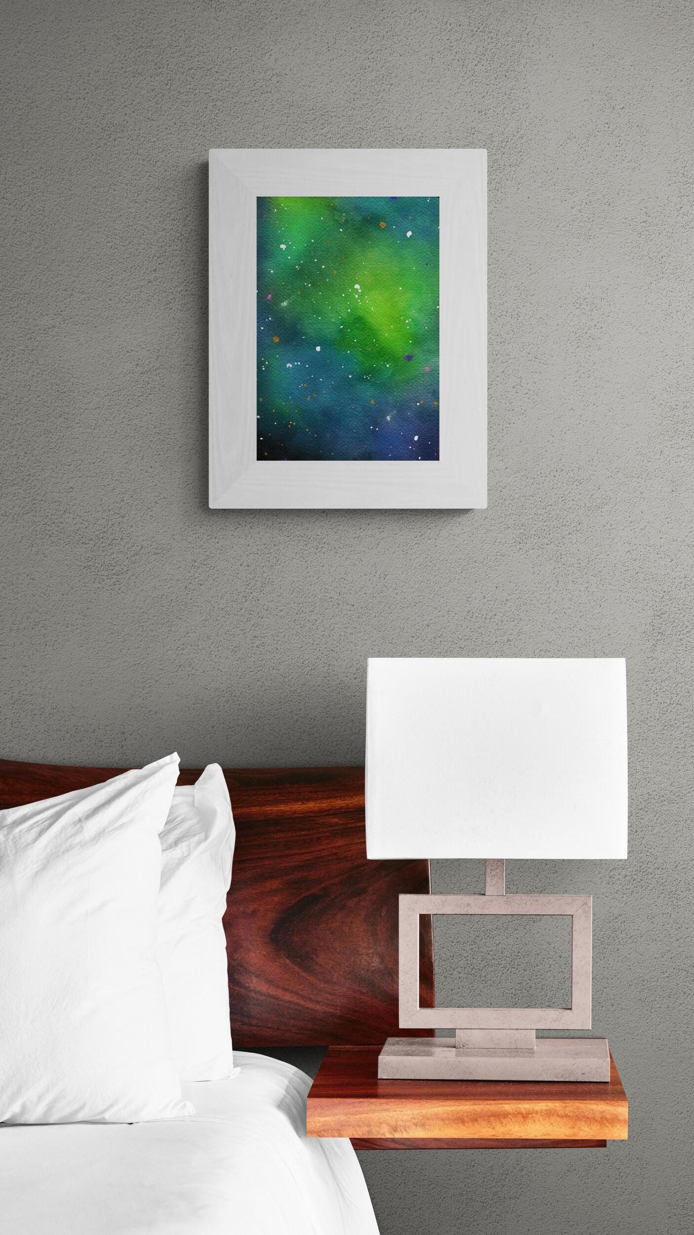 Green and blue galaxy watercolor painting 9x12, hand painted nebula original on paper, outer space wall art, celestial artwork