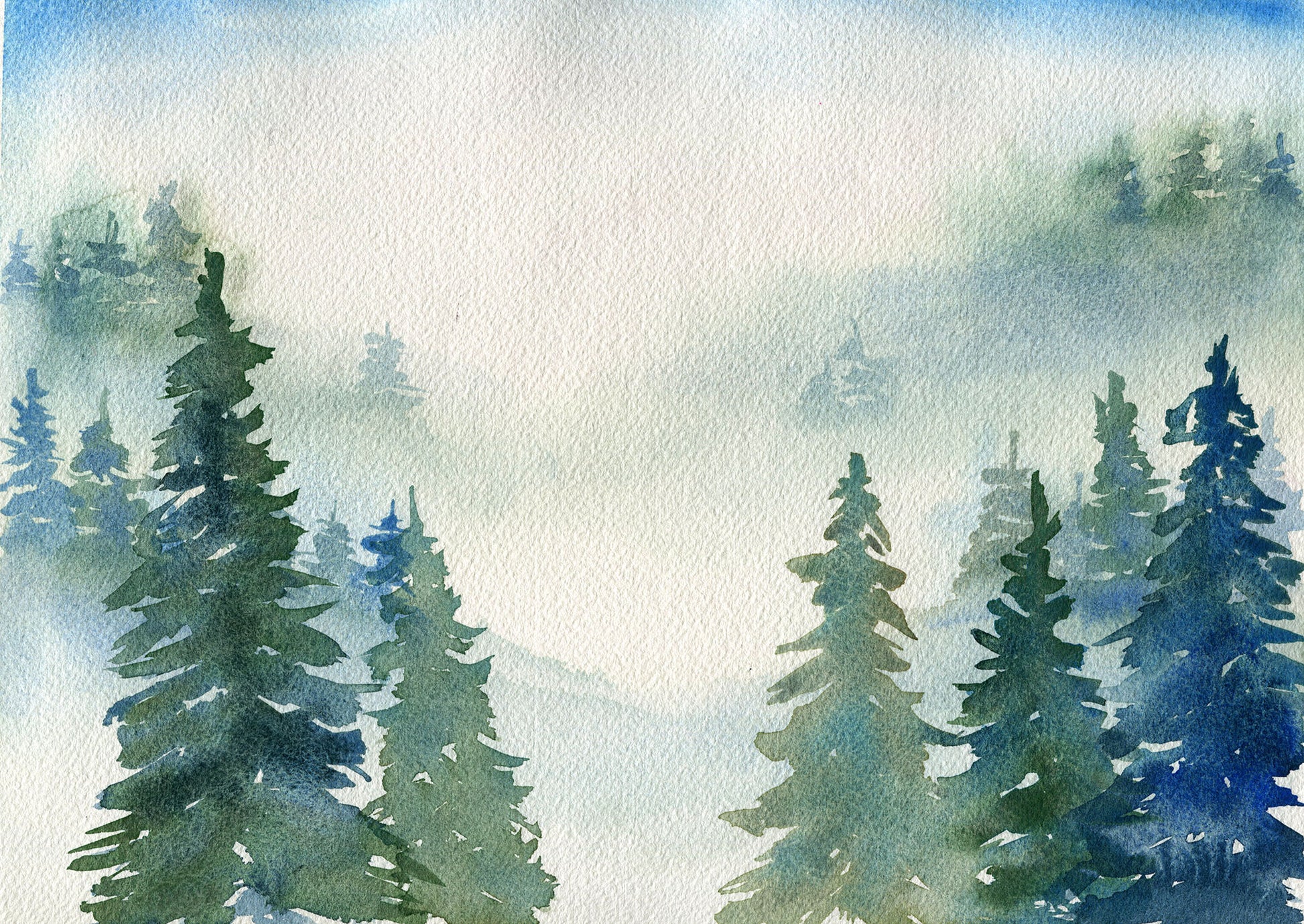 Original watercolor painting depicting a misty forest landscape with green colored foggy mountains, on a 9x12 inch canvas.