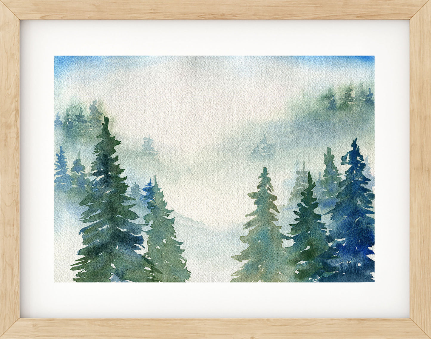 Blue and green misty forest original watercolor painting 