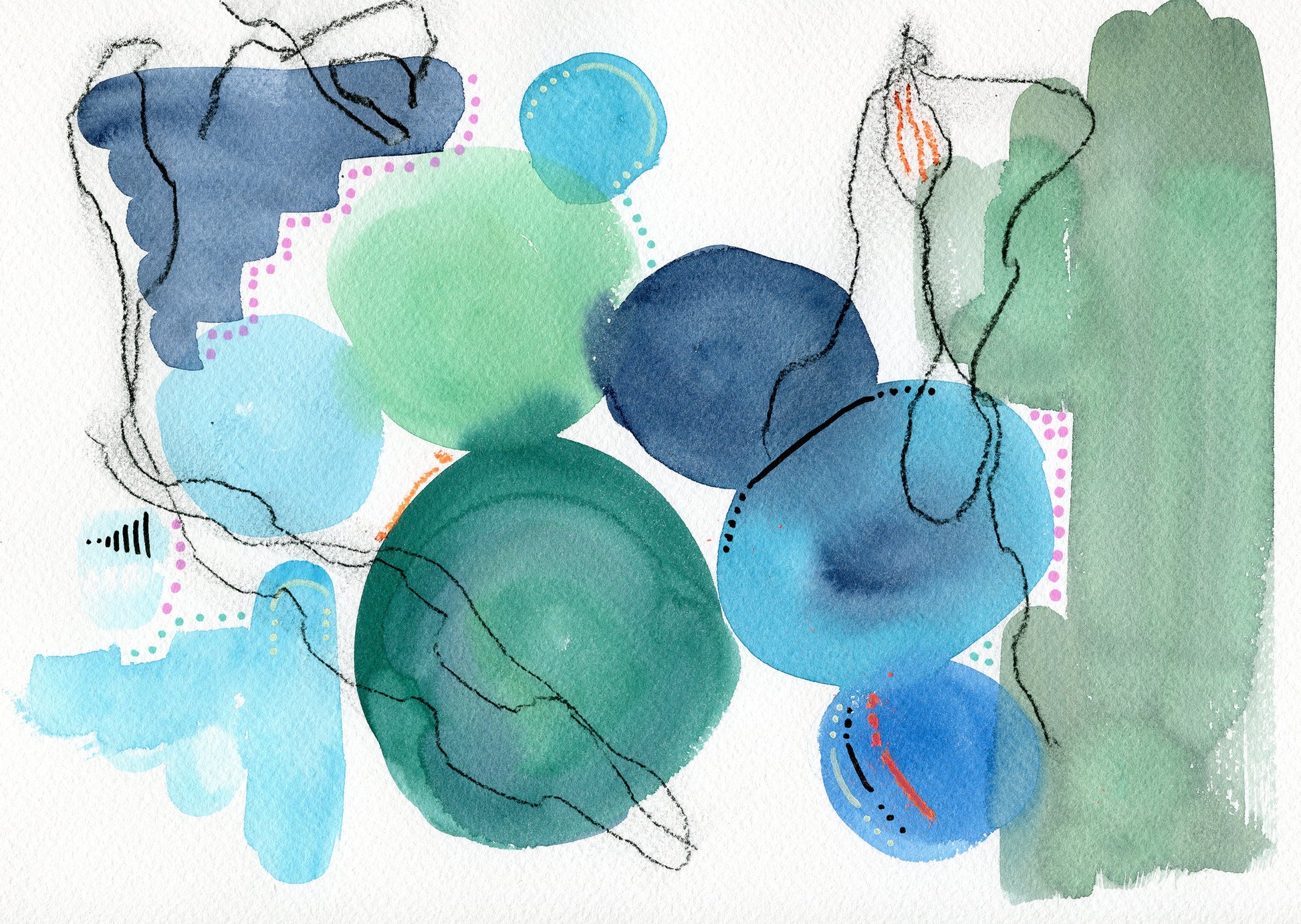 Blue and green original hand painted abstract watercolor painting 9x12, mixed media mark making wall decor - Carved Effects