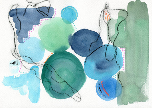 Blue and green original hand painted abstract watercolor painting 9x12, mixed media mark making wall decor - Carved Effects