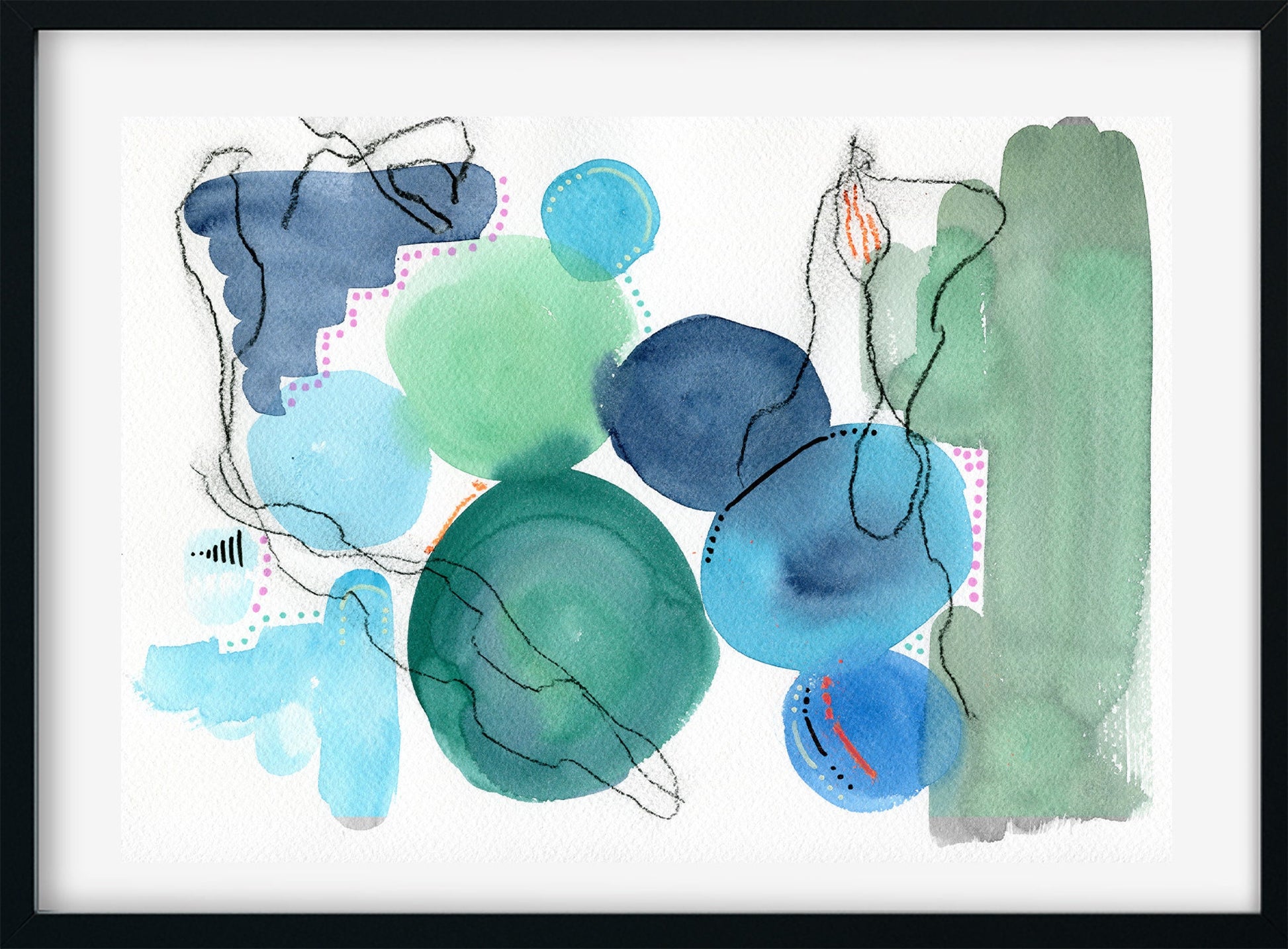 Blue and green original hand painted abstract watercolor painting 9x12, mixed media mark making wall decor - Carved Effects