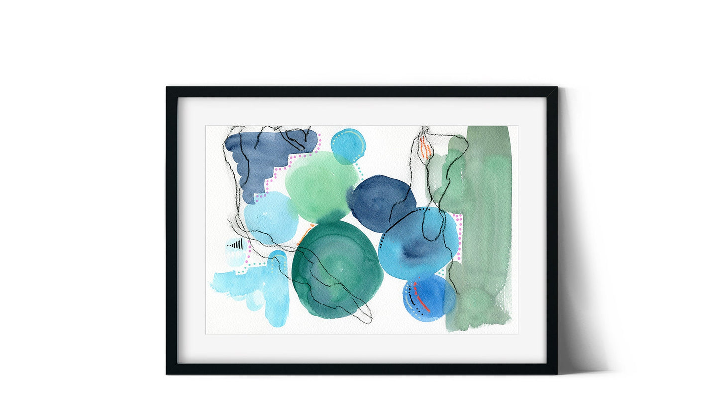 Blue and green original hand painted abstract watercolor painting 9x12, mixed media mark making wall decor - Carved Effects