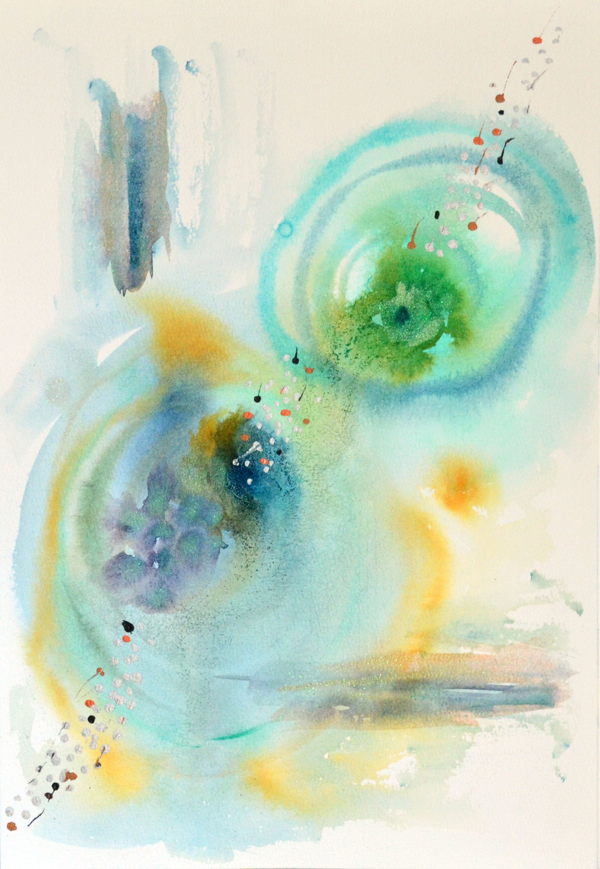 Blue and green original watercolor abstract painting 10x15, original mixed media mark making wall decor, circle wall art - Carved Effects