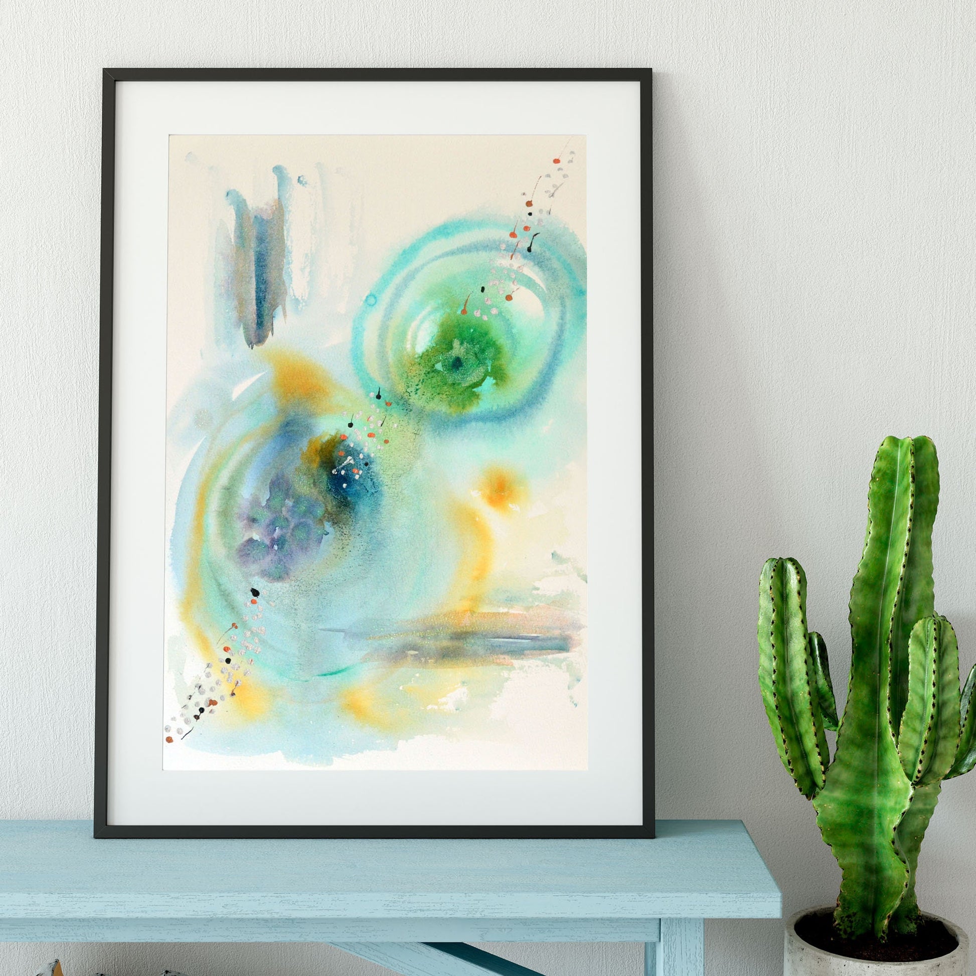 Blue and green original watercolor abstract painting 10x15, original mixed media mark making wall decor, circle wall art - Carved Effects