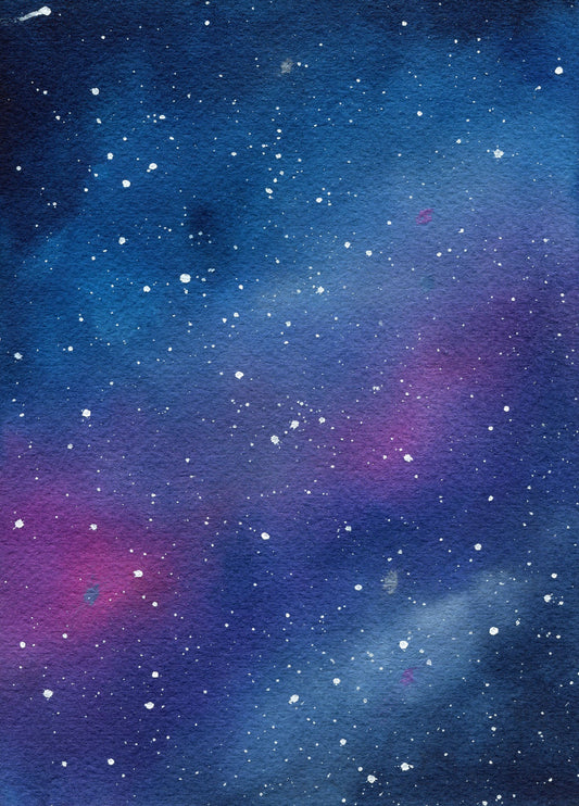 A watercolor painting of a galaxy with swirling forms in shades of blue, pink, and white, indicating a starry night sky.