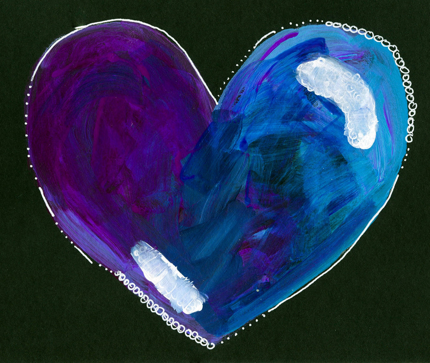 A mixed media abstract painting featuring a neon blue and purple heart with white doodles on black paper, sealed with a UV archival varnish.